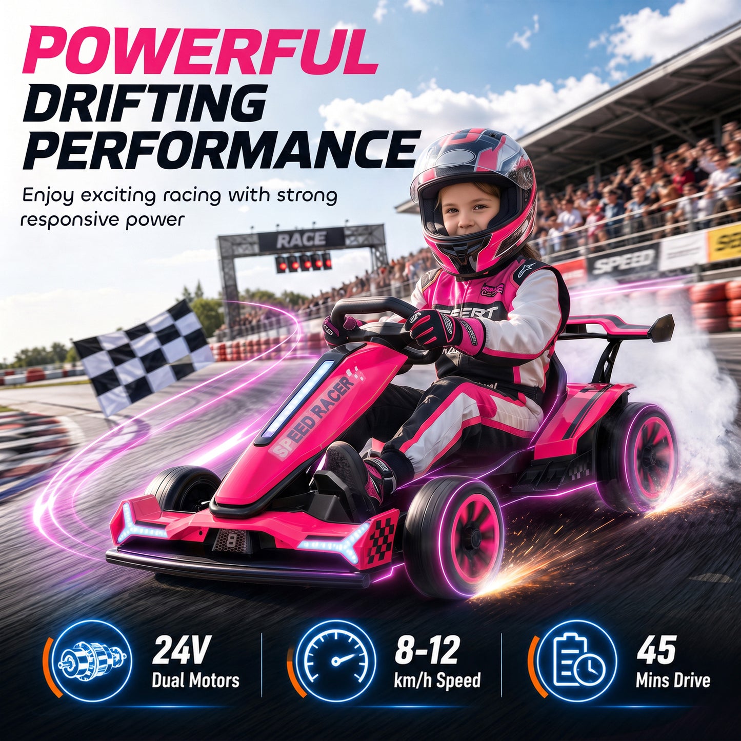 AIYAPLAY 24V Electric Go Kart for Kids 6-12 Years with Drift Mode, Adjustable Seat, 3 Speed, Slow Start, Pink