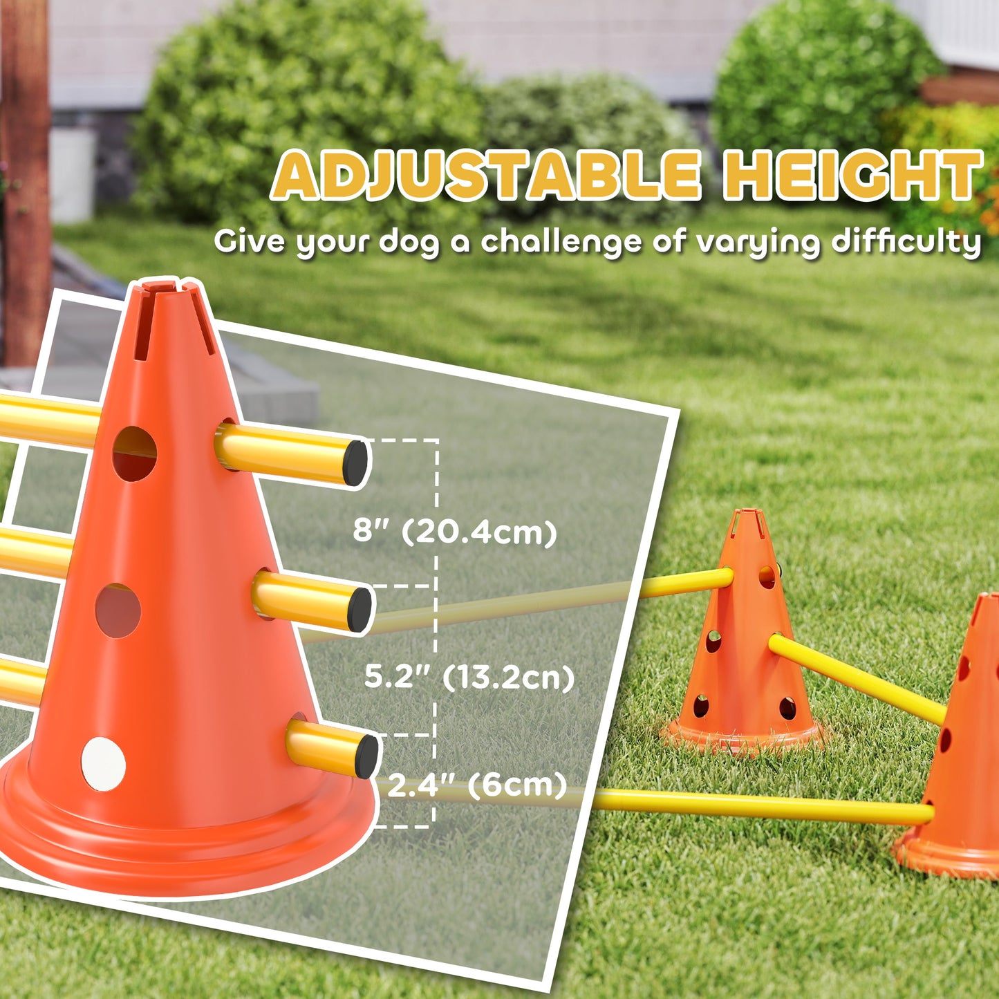 PawHut Dog Agility Equipment Set of 6 Cones, 6 Poles with Carry Bag, 3 PCS Adjustable Height Jumping Obstacles, Orange
