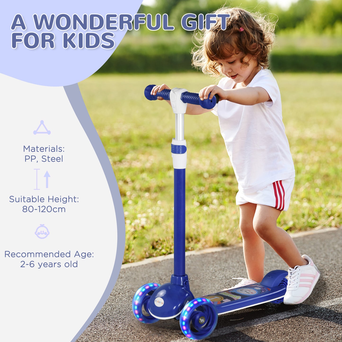 AIYAPLAY Kids 3 Wheel Scooter for 2-6 Years Old w/ Adjustable Height, LED Light, TPE Handlebar, Blue