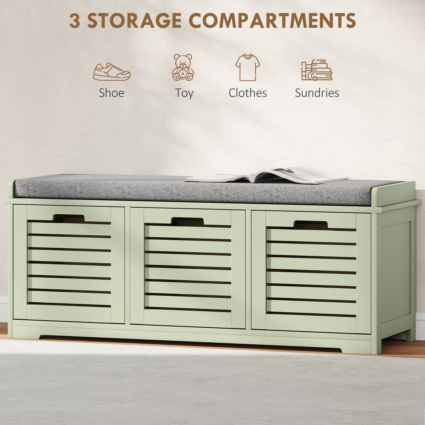 HOMCOM 3-Drawer Shoe Storage Bench - Green