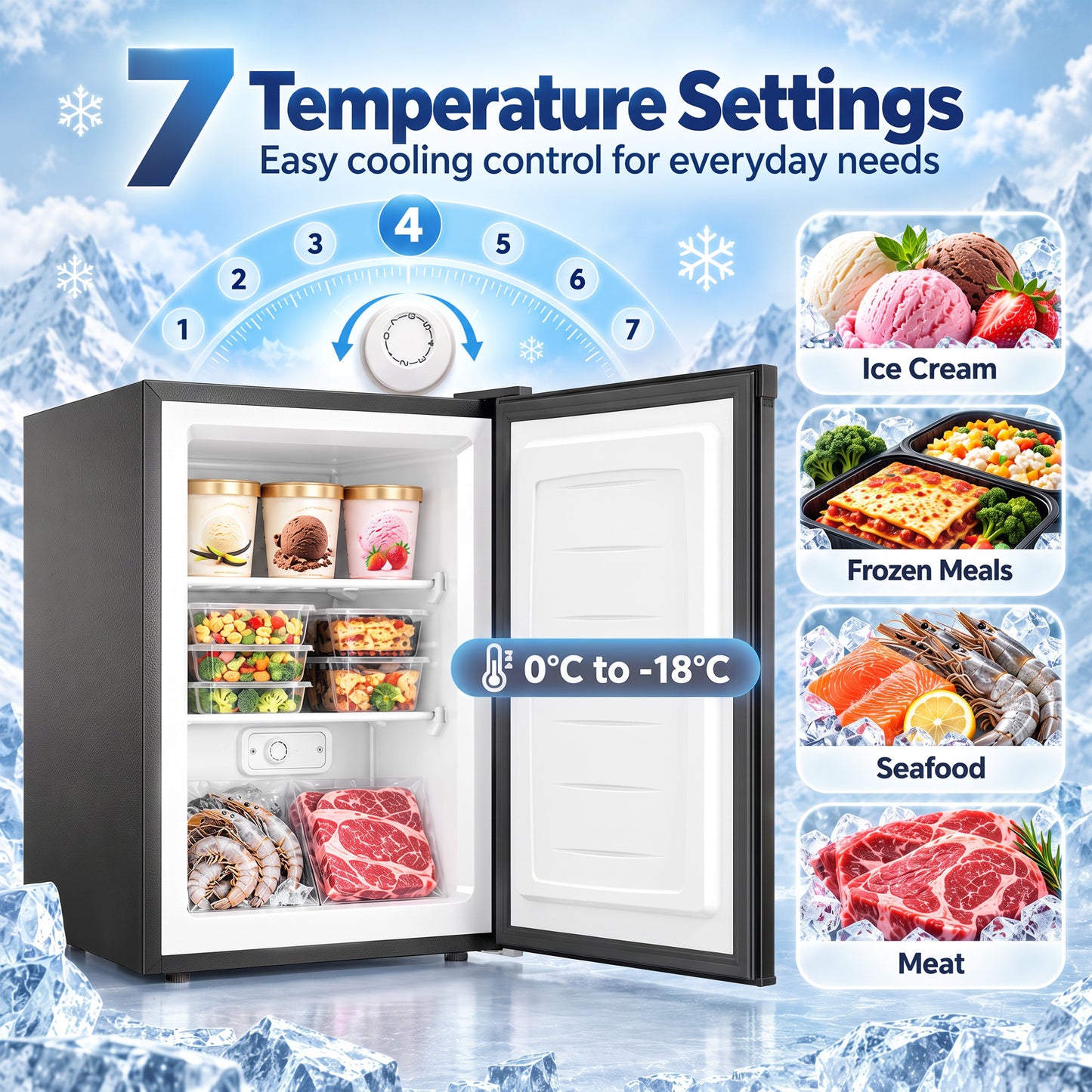 HOMCOM 85L Mini Freezer Countertop, Compact Freestanding Upright Freezer with Reversible Door, Removable Glass Shelves, Black