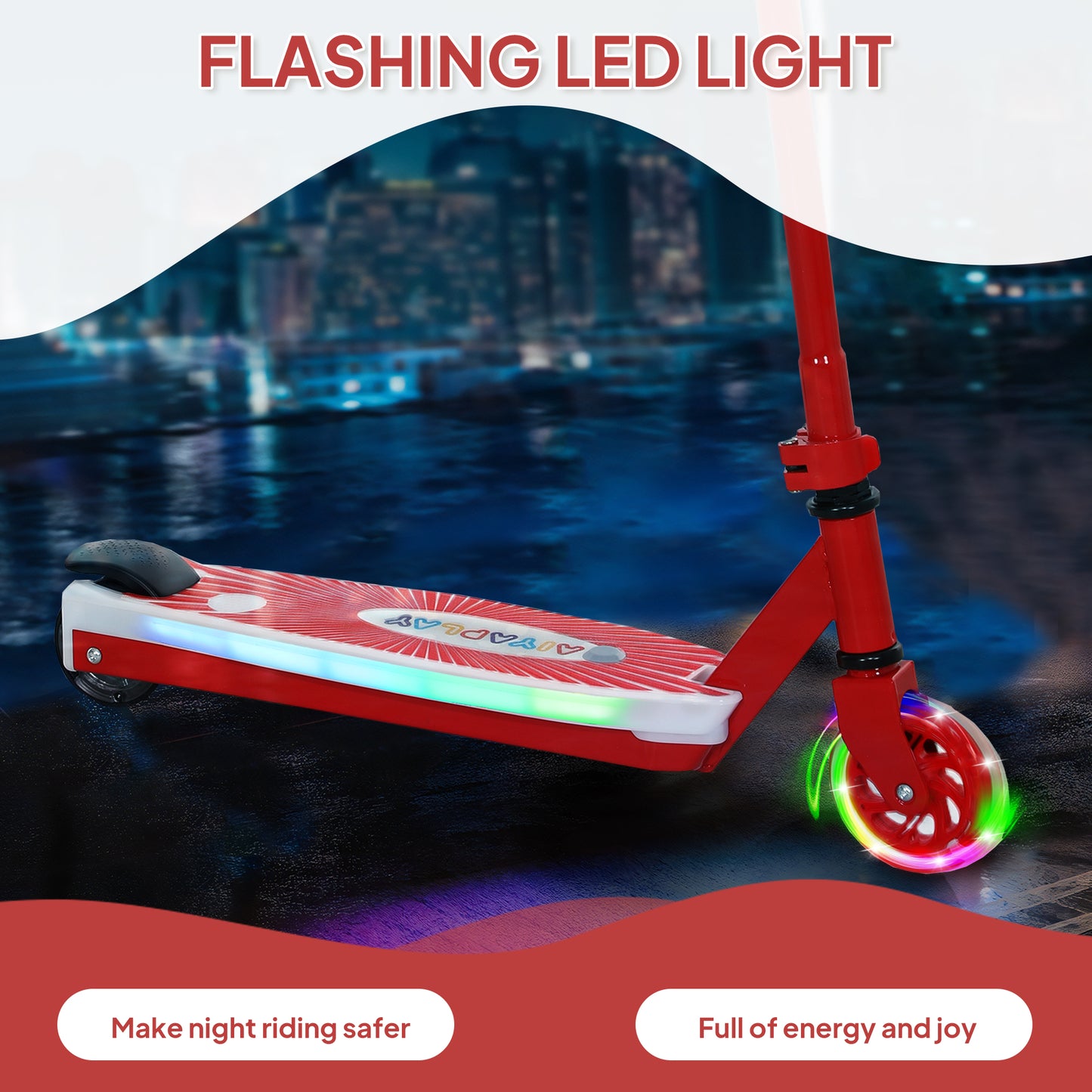 AIYAPLAY Electric Scooter for Kids Ages 4-7, Aux Rear Wheels, LED Light, Electric Brake, 6 KM/H & 8 KM, Red