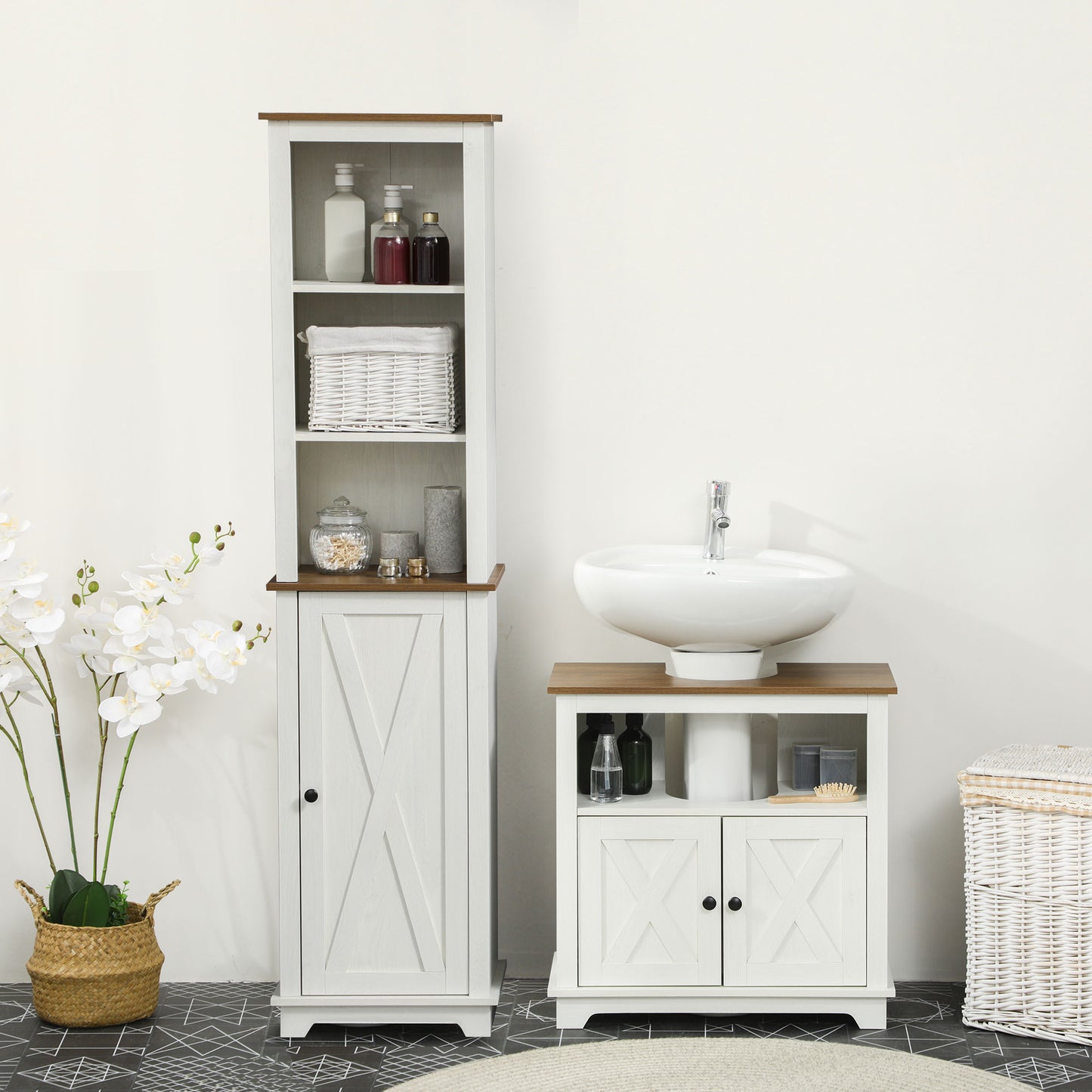 kleankin Bathroom Set: Tall Cabinet & Under Sink Cabinet with Adjustable Shelves, Cupboard, Open Shelf, Ash Wood Effect