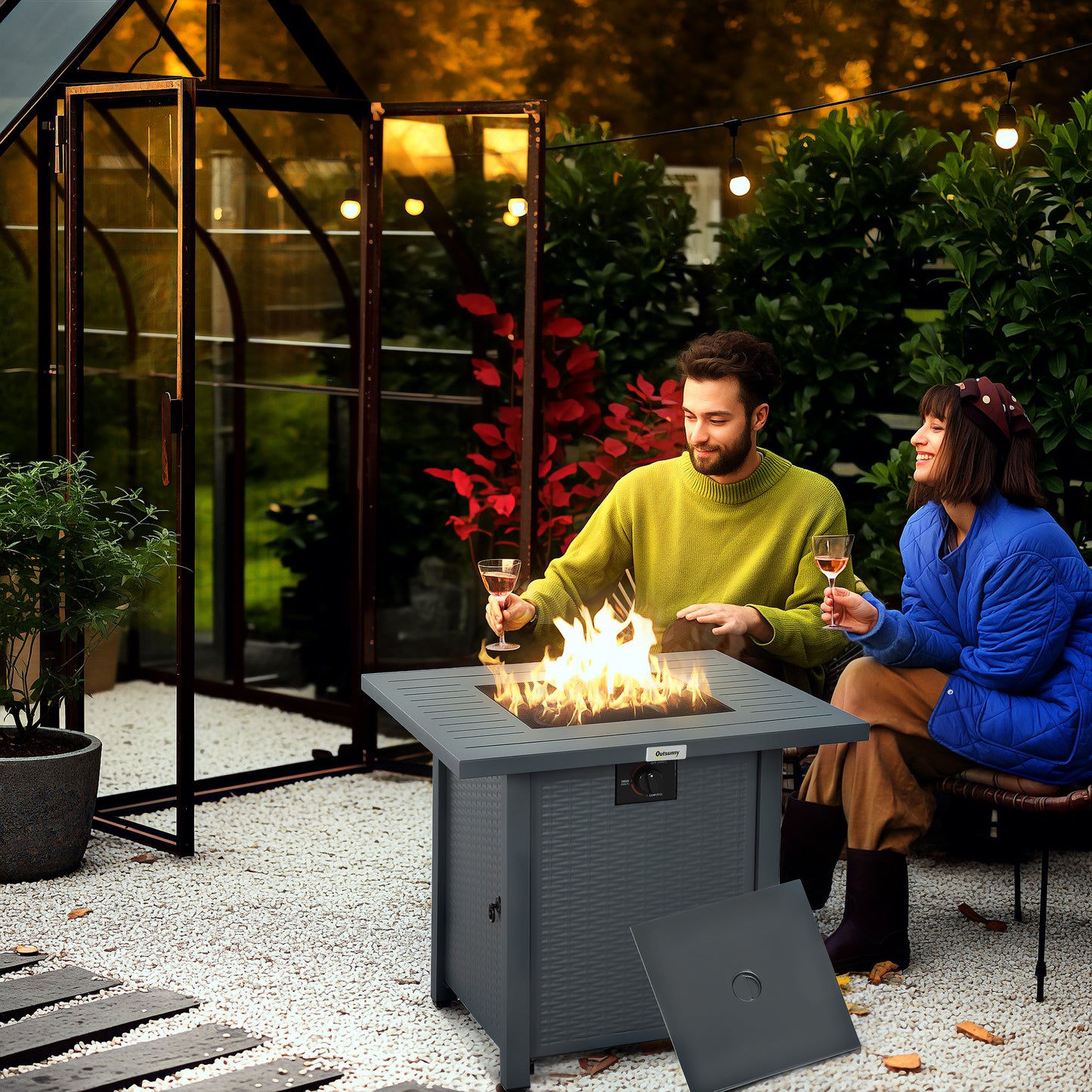 Outsunny Rattan-style Gas Fire Pit Table, 40,000 BTU Burner, Smokeless Patio Heater, Grey + Accessories