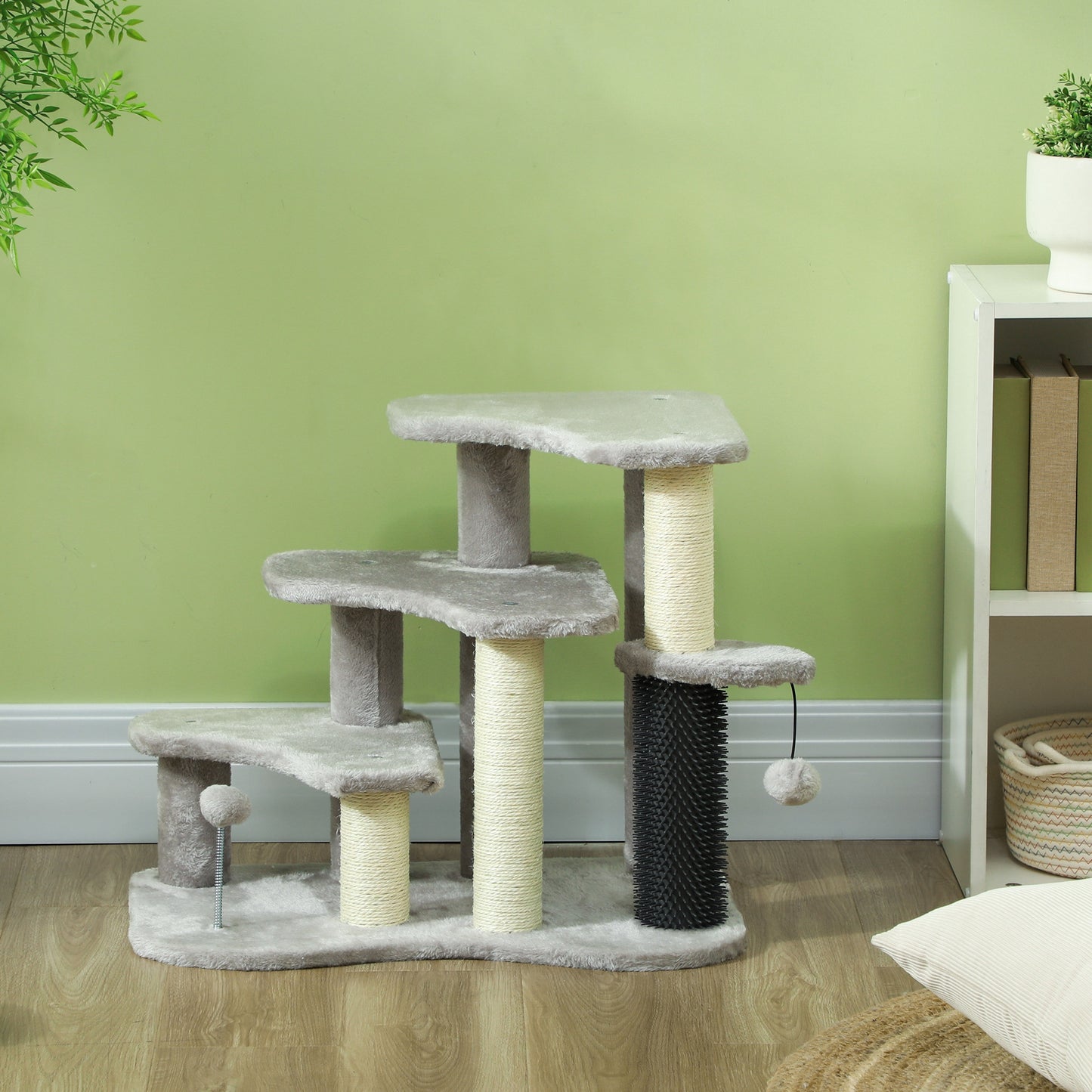 PawHut Cat Tree 2 in 1 Pet Stairs w/ Scratching Tickling Post, Toy Balls, for Bed, Sofa, Couch, Light Grey