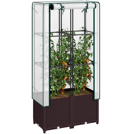 Outsunny Raised Garden Bed with Trellis, Plastic Planter Box with Drainage for Climbing Plants, 80x40x140 cm