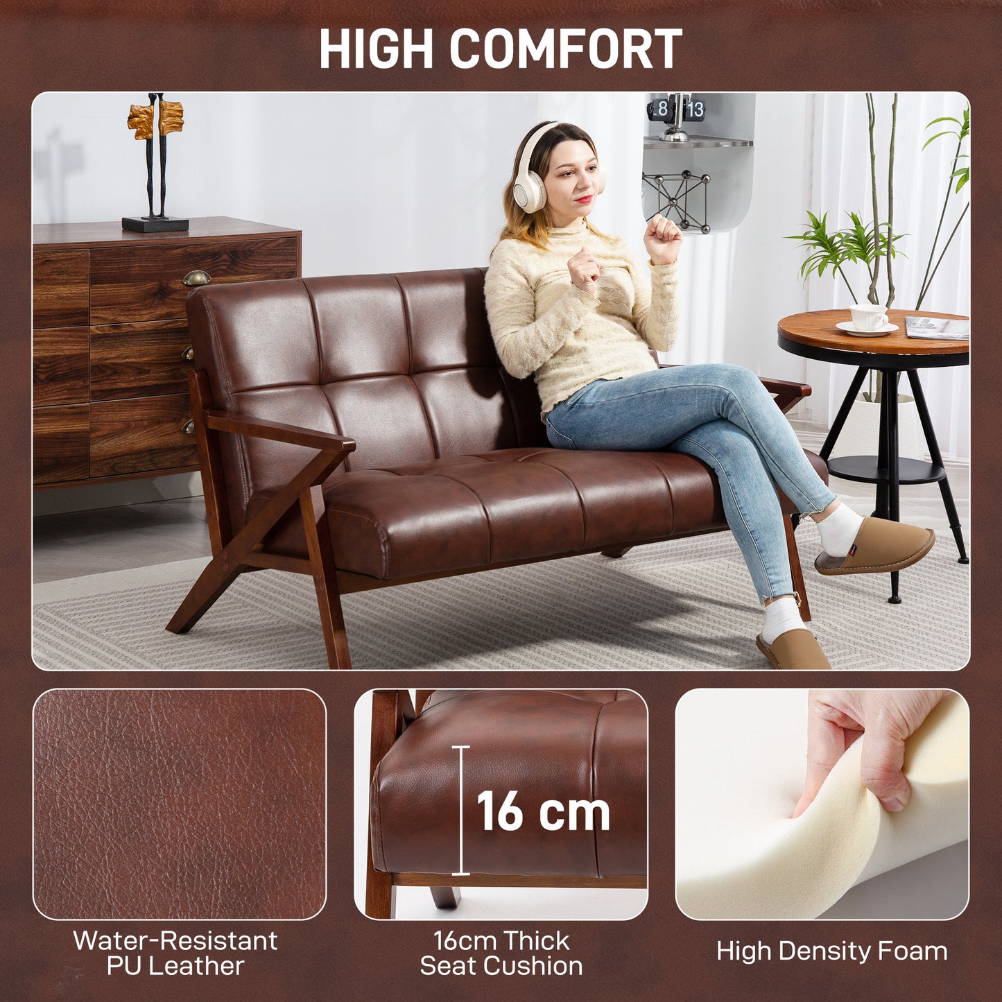 HOMCOM Compact 2 Seater Sofa, Vintage Tufted Loveseat with Solid Wood Legs, PU Leather Couch for Living Room, Bedroom, Home Office, Brown