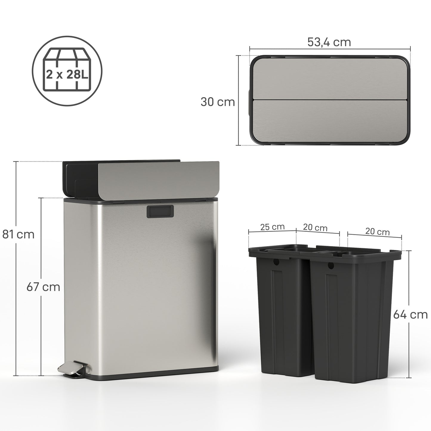 HOMCOM Dual Kitchen Bin, 2x28L Stainless Steel Pedal with Soft-Close Lid & Removable Buckets, Fingerprint-Proof for Recycling, Silver Tone