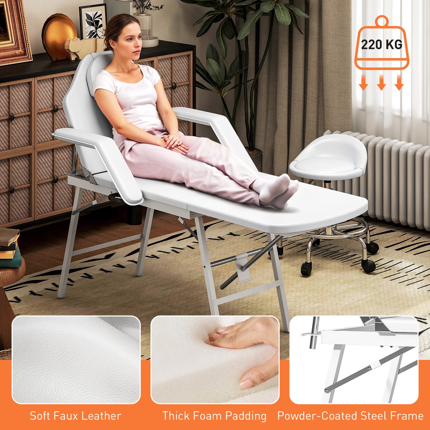 HOMCOM Portable 3-Section Foldable Massage Table, Adjustable Beauty Bed with Face Hole, Removable Headrest & Armrests for Spa, Lash, Tattoo, White