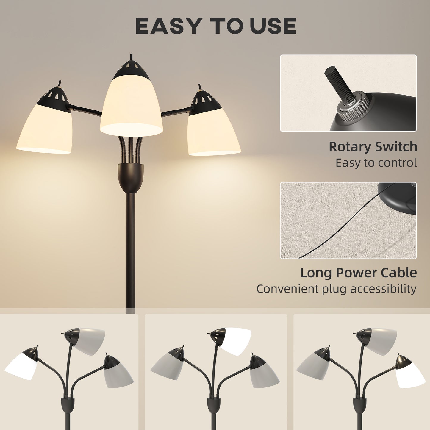 HOMCOM Arc Tree Floor Lamp, 3 Adjustable Lights, 3000K/4500K/6500K Temps, Industrial Steel Frame for Bedroom/Living Room, 155cm, Black