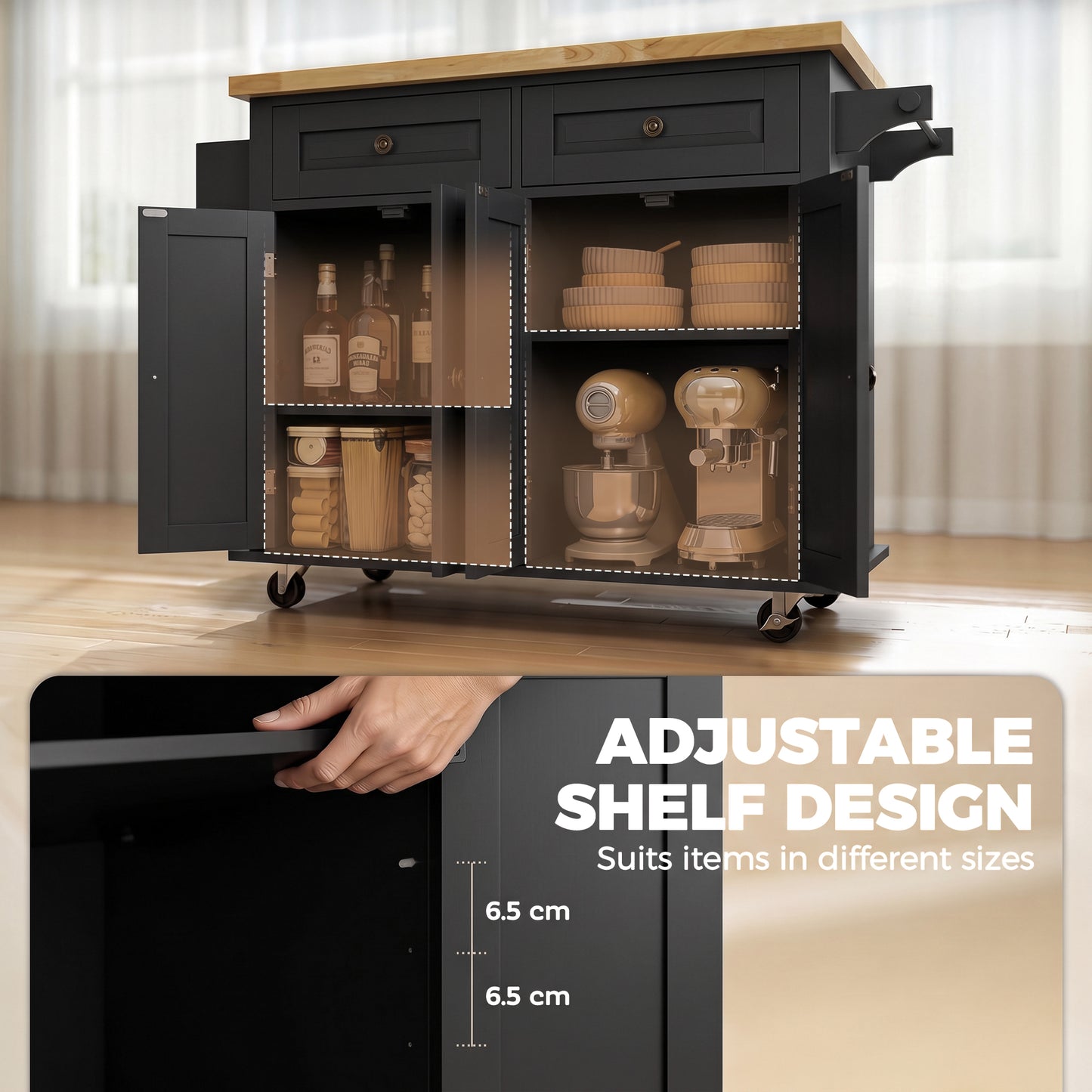 HOMCOM Kitchen Island on Wheels, Rolling Kitchen Trolley with Rubberwood Top, 2 Drawers, Adjustable Shelves, Black