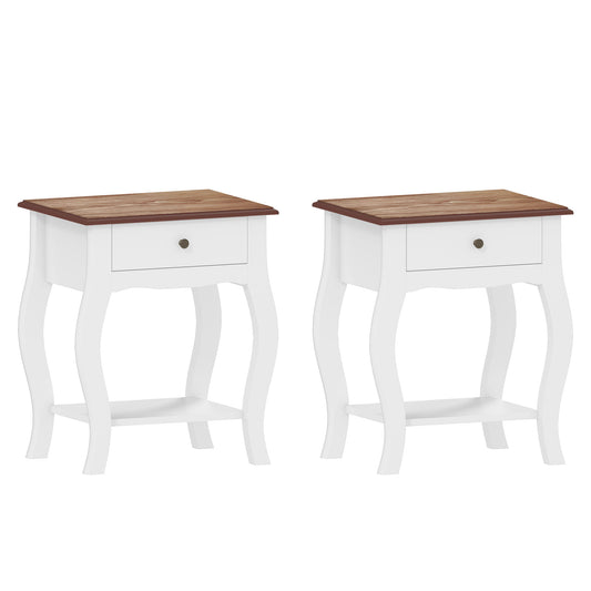 HOMCOM 2pcs Bedside Tables with Drawer, French Style Bedside Cabinets with Open Shelf for Bedroom, Living Room, White