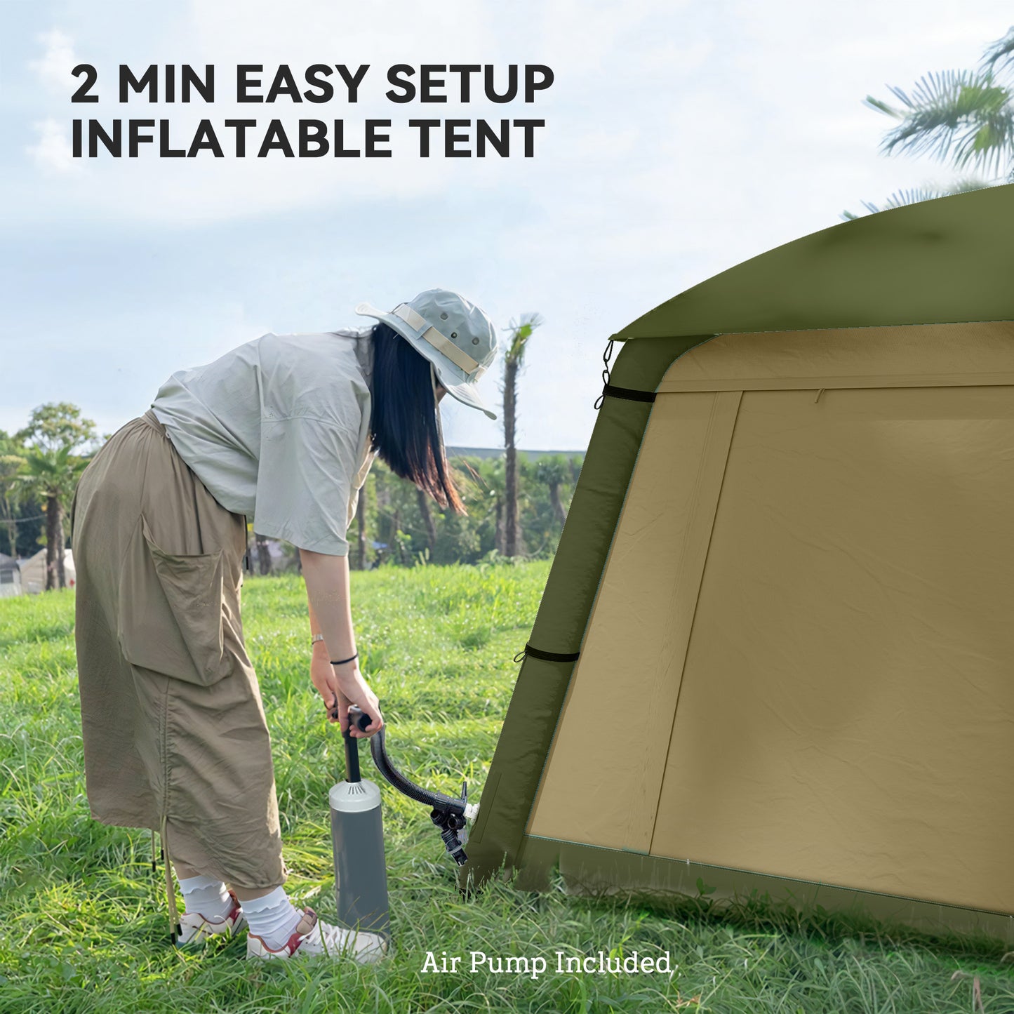 Outsunny Inflatable Camping Tent with Hand Pump, Easy Setup for 1-2 People, Waterproof and Windproof with Mesh Windows and Carry Bag, Brown
