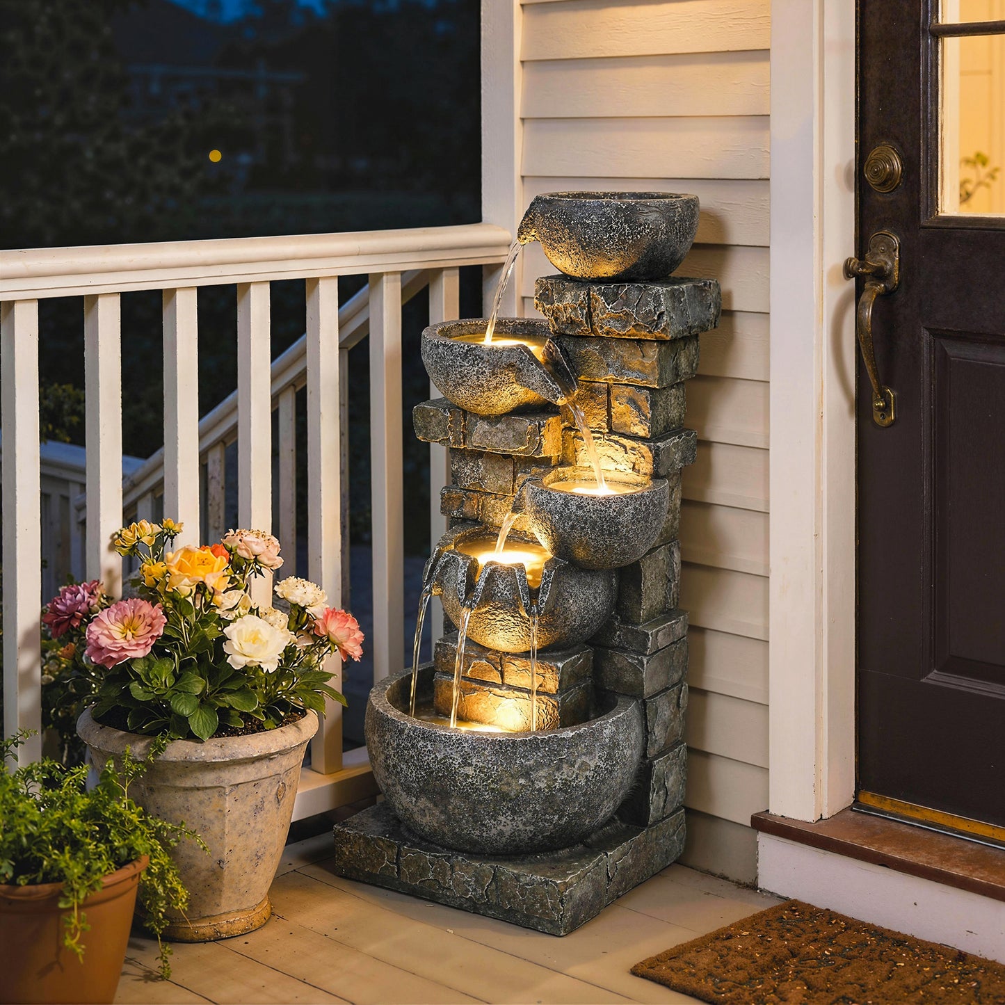Outsunny Outdoor Water Fountain with LED Lights, 80cm Tall 5 Tiers Cascading Water Feature for Garden Patio Home Decor, Mixed