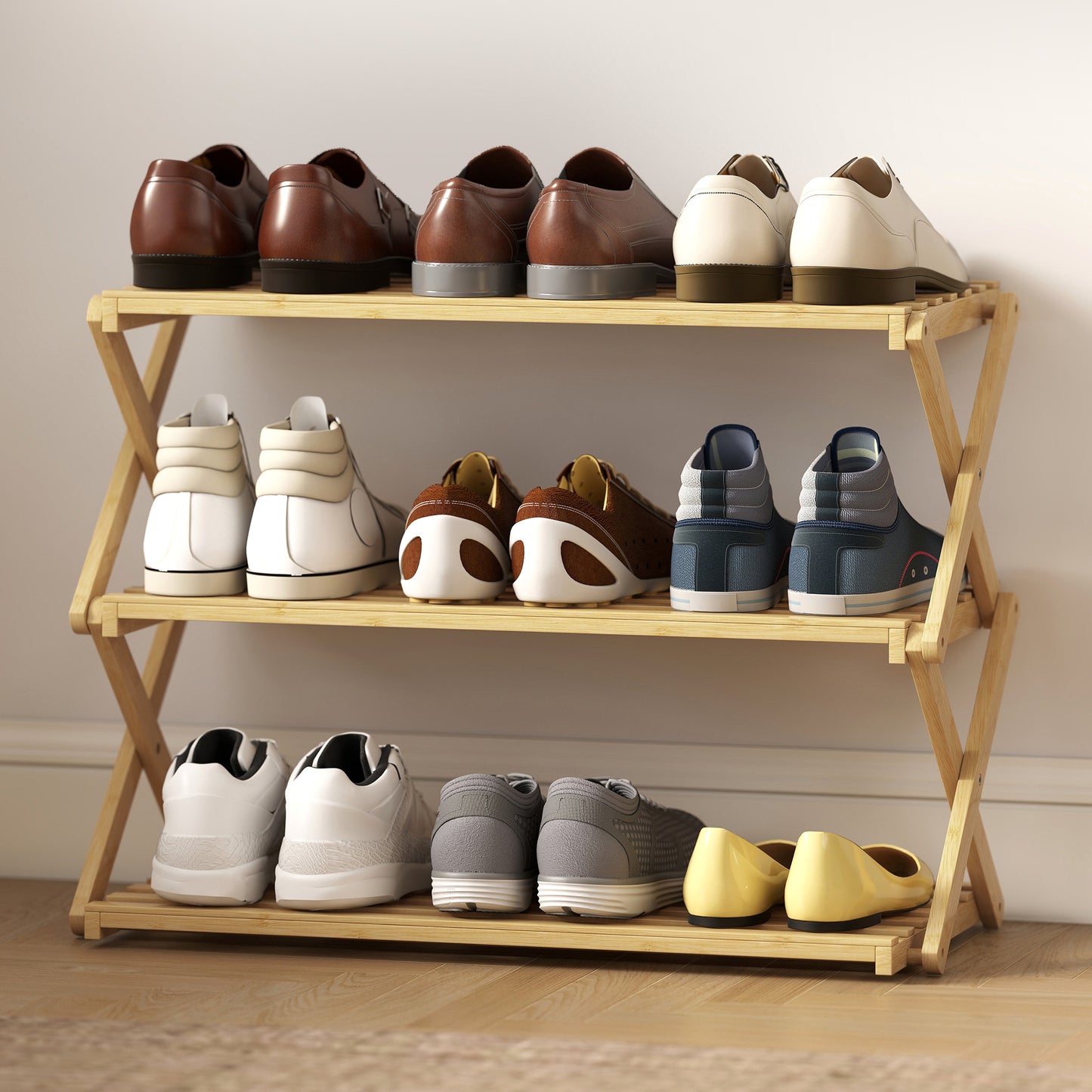 HOMCOM 3-Tier Bamboo Shoe Rack, No Assembly - Natural