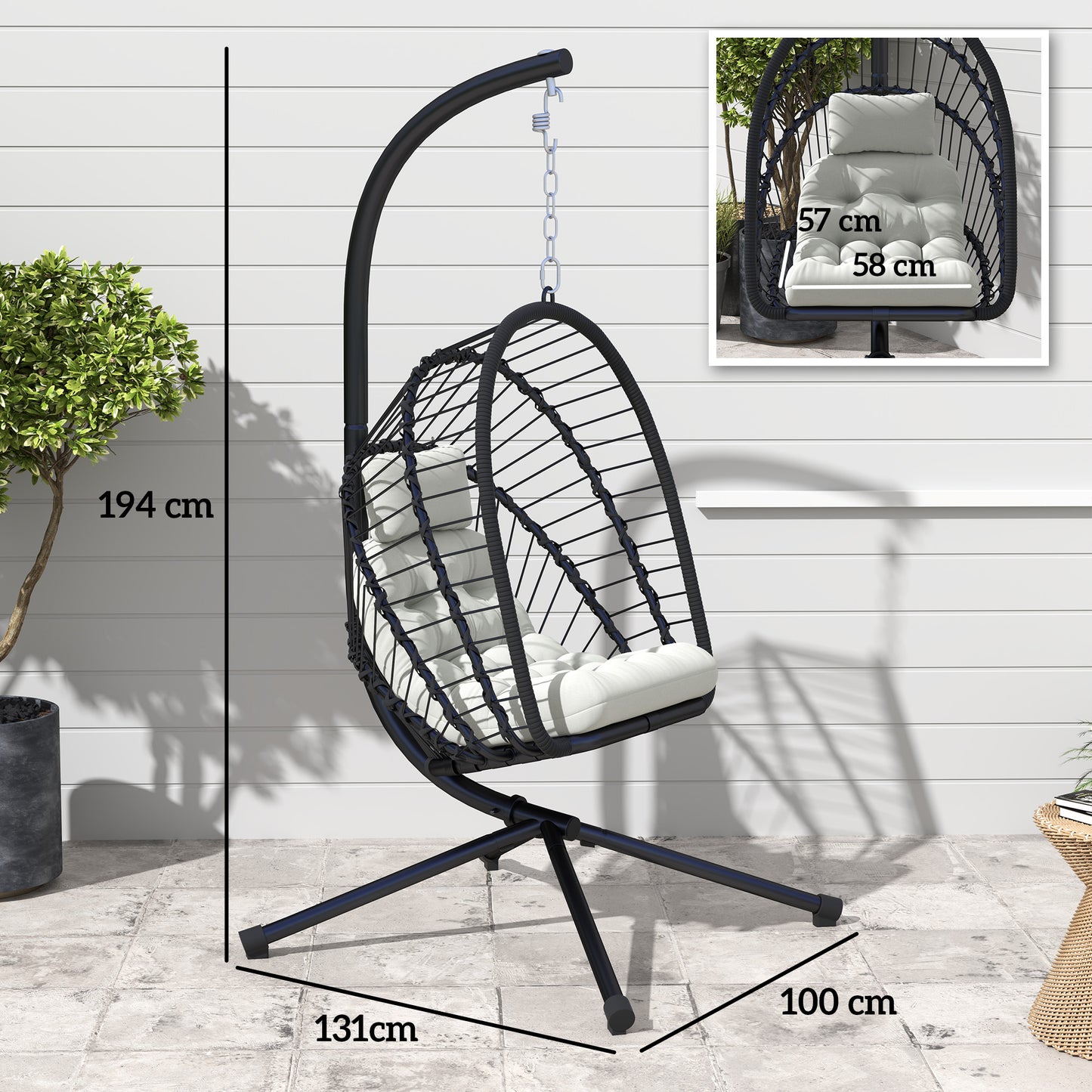 Outsunny Garden Swing Chair, Rattan Egg with Cushion & Metal Stand, for Indoor/Outdoor Use, Black