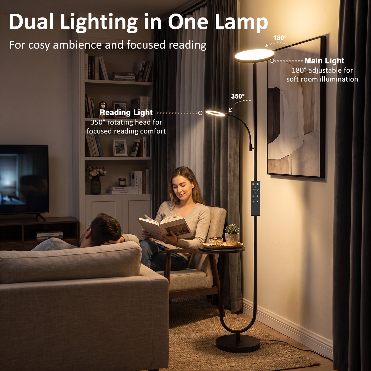 HOMCOM Uplighter Floor Lamp with Table and Reading Light, Dual Light Dimmable Standing Lamp with Remote & 4 Colour Temperatures