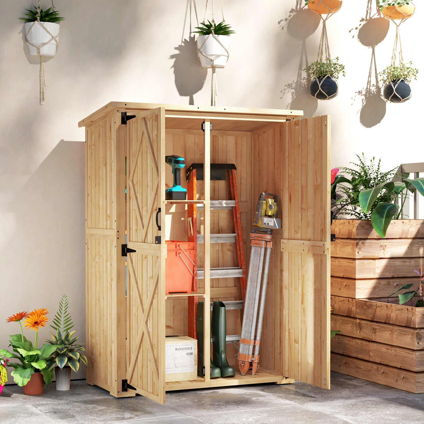 Outsunny Wooden Garden Storage Shed, Tool Cabinet with Asphalt Roof & 2 Shelves for Tools, Equipment, Double Doors, Natural