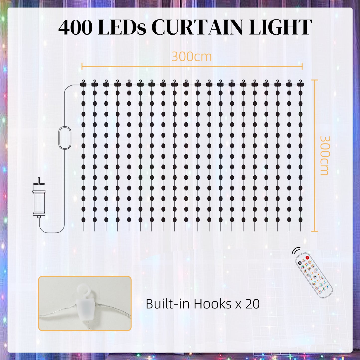 HOMCOM LED Curtain Lights, Plug-In Colour Changing with Remote, 400 RGBIC LEDs for Bedroom Decor, 3x3m