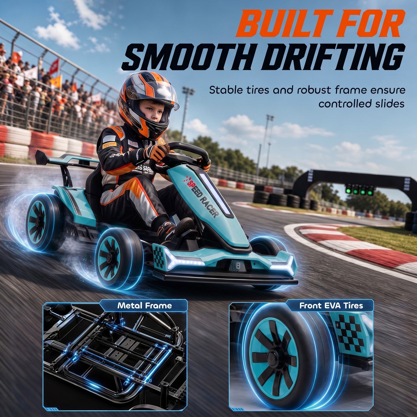 AIYAPLAY 24V Electric Go Kart for Kids 6-12 Years with Drift Mode, Adjustable Seat, 3 Speed, Slow Start, Light Blue