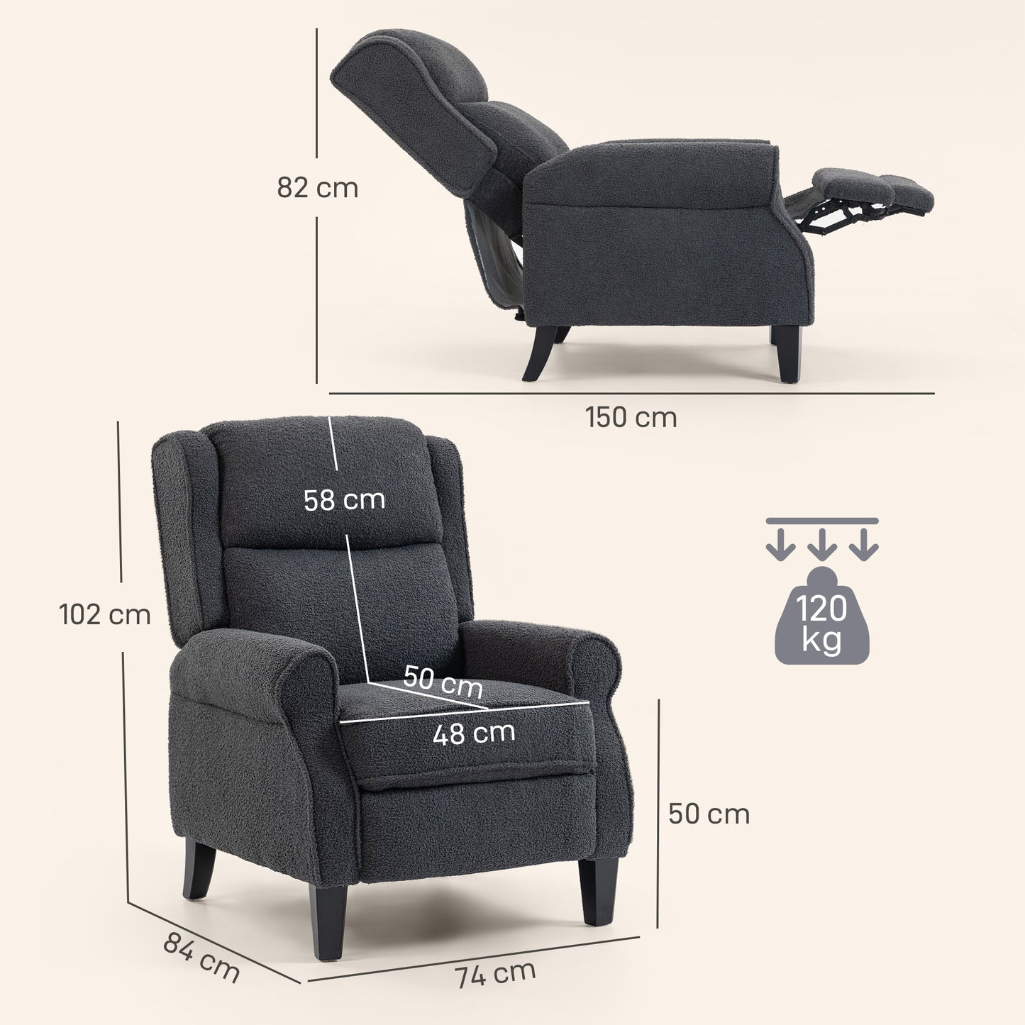 HOMCOM Recliner Armchair with Extended Leg Rest - Charcoal Grey