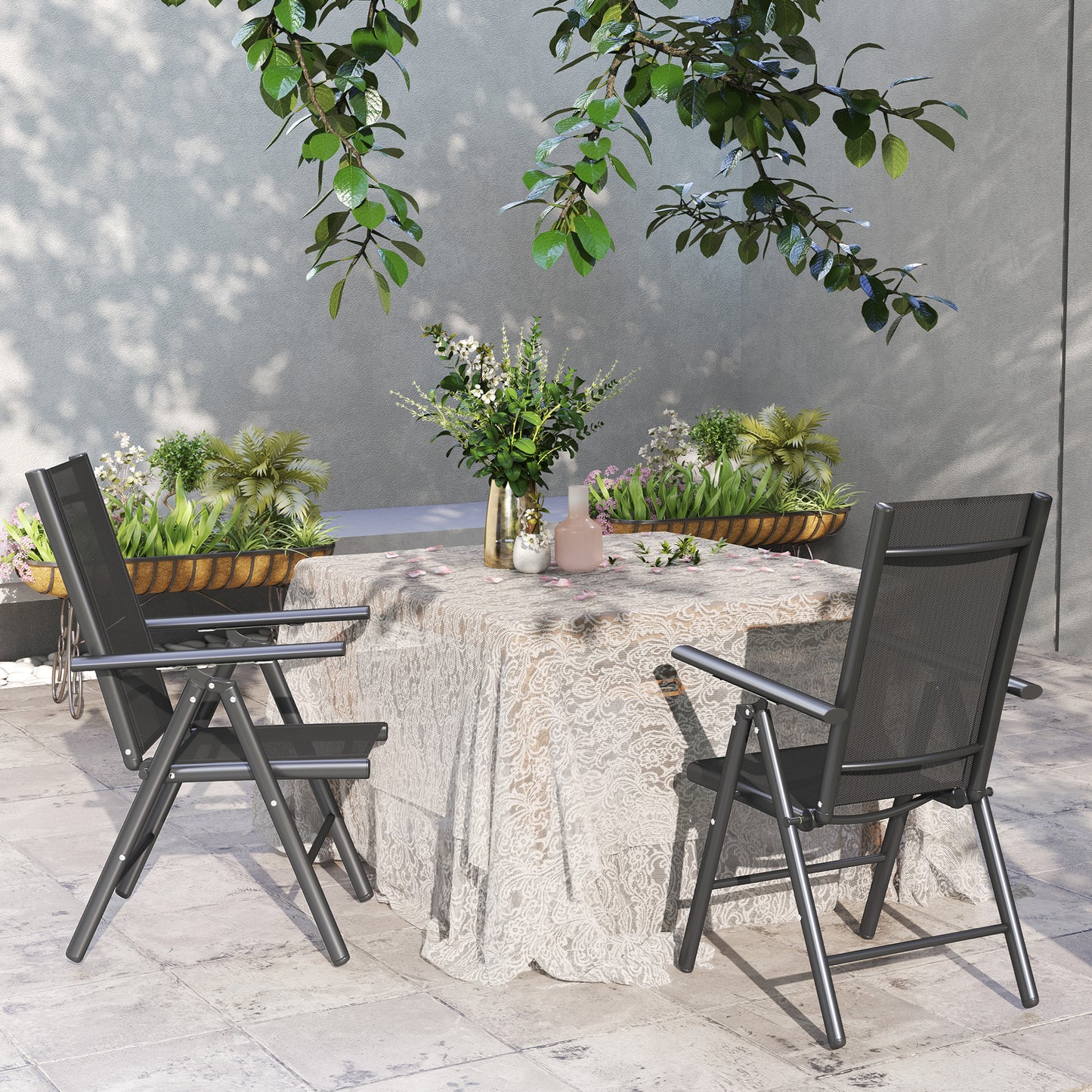 Outsunny 2 Folding Chairs, Aluminium Frame, Breathable Mesh for Garden/Patio, Dark Grey