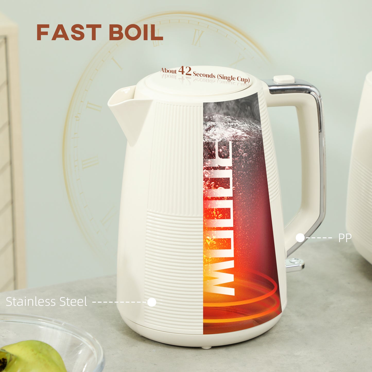 HOMCOM Kettle and Toaster Set, 1.7L 3000W Fast Boil, 2 Slice Toaster, 7 Browning Levels, Cream White