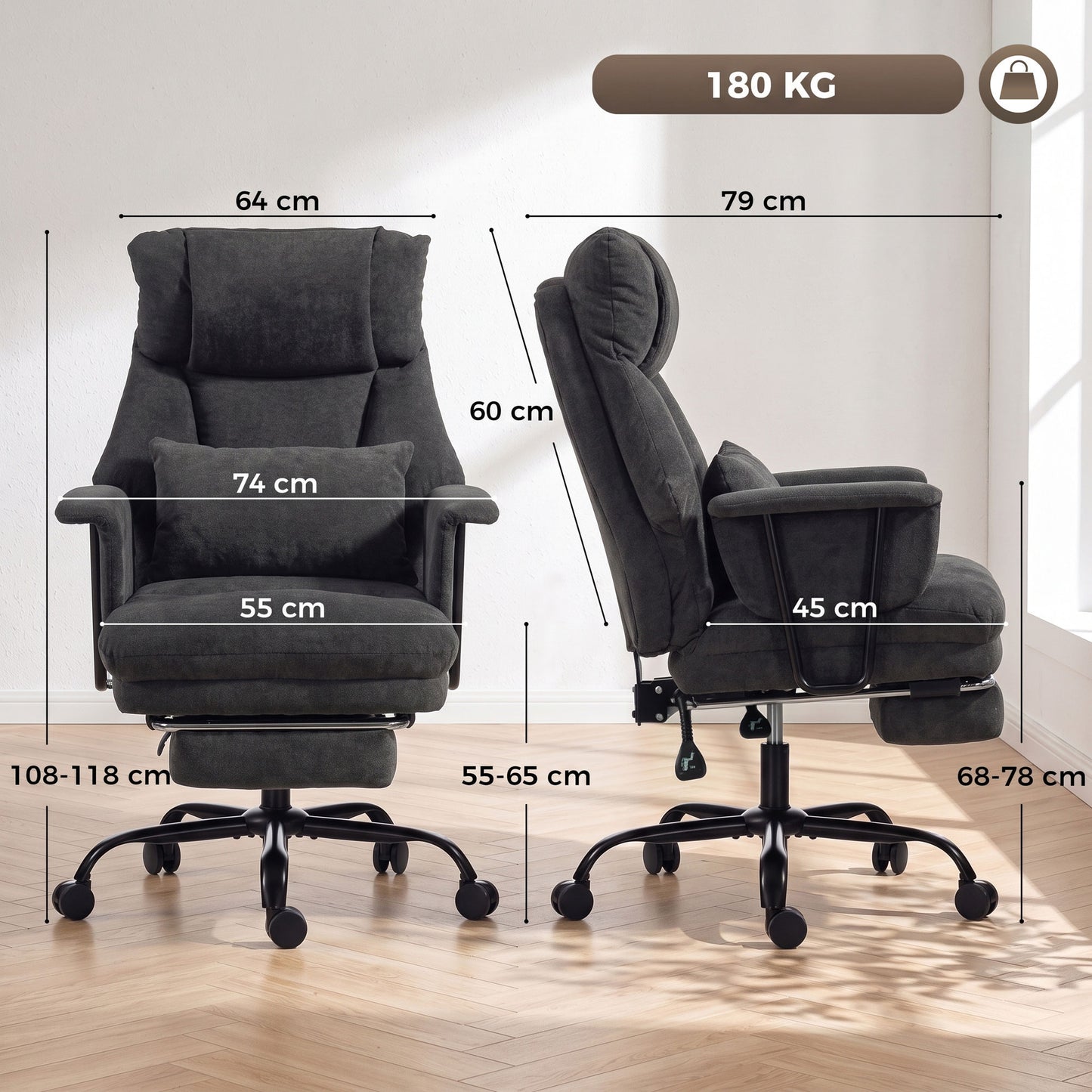 HOMCOM Office Chair, 180kg Heavy Duty Linen Computer Desk Chair with Lumbar Support, Wide Seat, Spring Cushion, Black