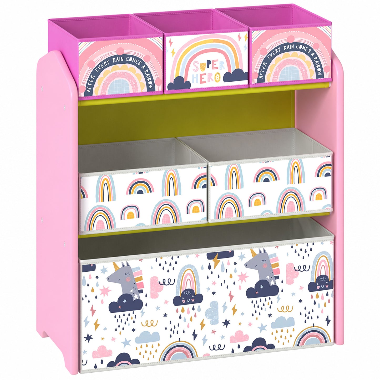 AIYAPLAY Toy Storage Organiser, 3-Tier Wooden Kids Toy Storage Rack with 6 Fabric Storage Bins for Bedroom, Kids Room, Pink