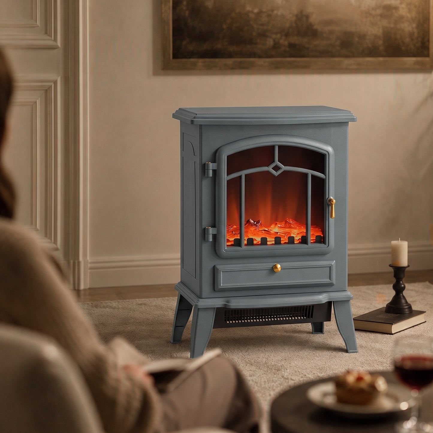 HOMCOM Electric Fireplace Stove, 1000W/2000W, Electric Fire Heater with LED Flame Effect, Adjustable Thermostat, Grey