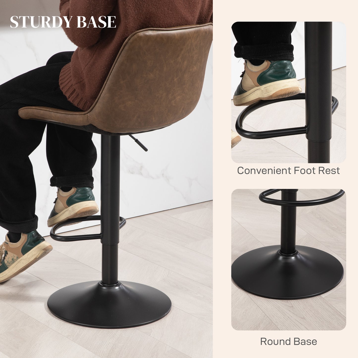 HOMCOM Bar Stools Set of 2, Retro Adjustable Kitchen Stool, Swivel PU Leather Upholstered Bar Chairs with Back, Footrest and Steel Base, Brown
