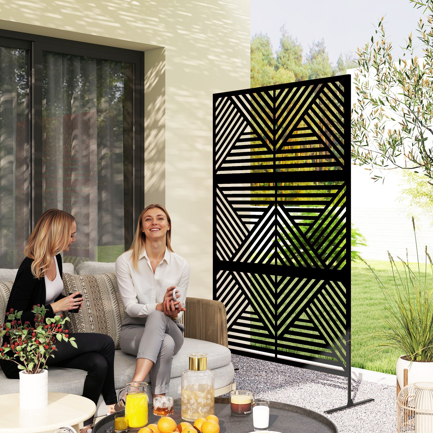 Outsunny Garden Privacy Screen with Stand, 6.5FT Freestanding Metal Divider, Rhombus Style with Screws for Pool/Hot Tub, Black