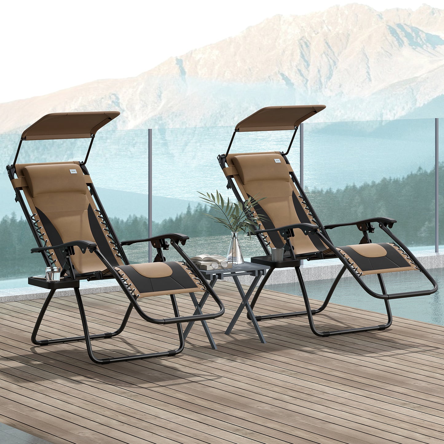 Outsunny Zero Gravity Lounger Chair Set of 2, Reclining with Shade, Cup Holder, Cushion, and Headrest, Brown