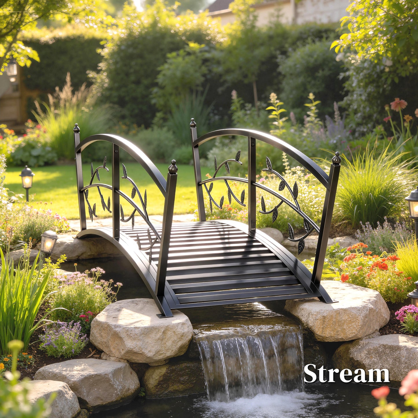 Outsunny 1.2M Metal Garden Bridge with Safety Railings, Outdoor Pond Bridge, Arch Decorative Footbridge for Creek Stream