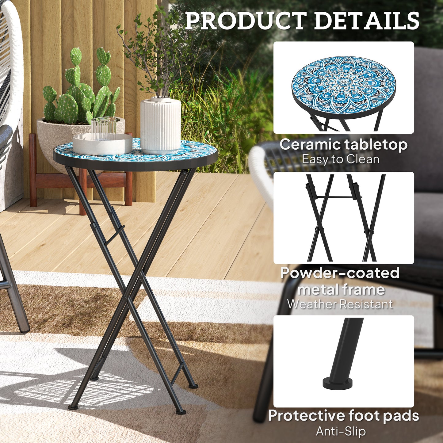 Outsunny Mosaic Garden Table, 35.5cm Round Folding Coffee Table with Metal Frame, Indoor Outdoor Table for Balcony Terrace, Blue