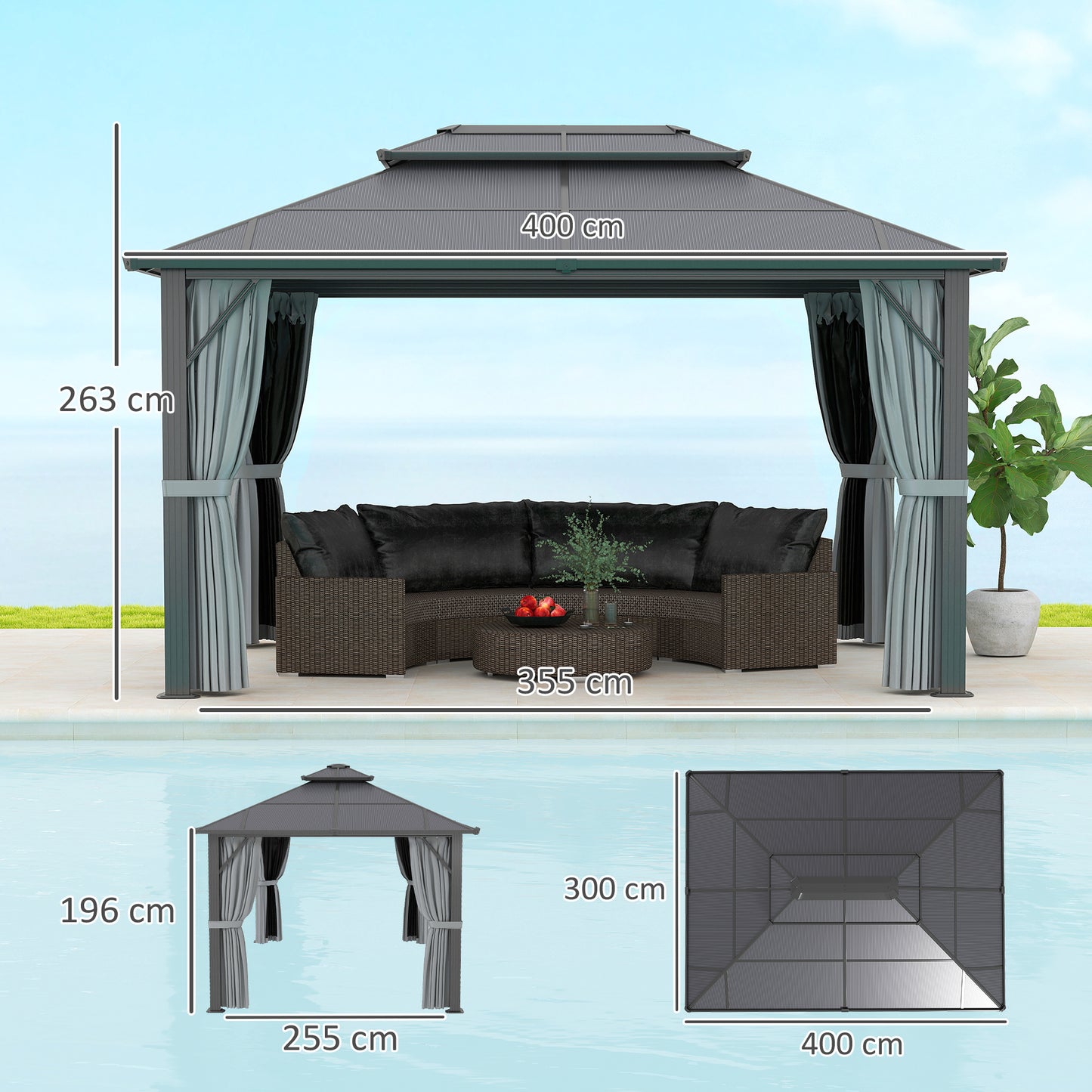 Outsunny 3x4m Hardtop Gazebo, UPF30+ Roof, Aluminium Frame, Mosquito Netting & Curtains, Grey