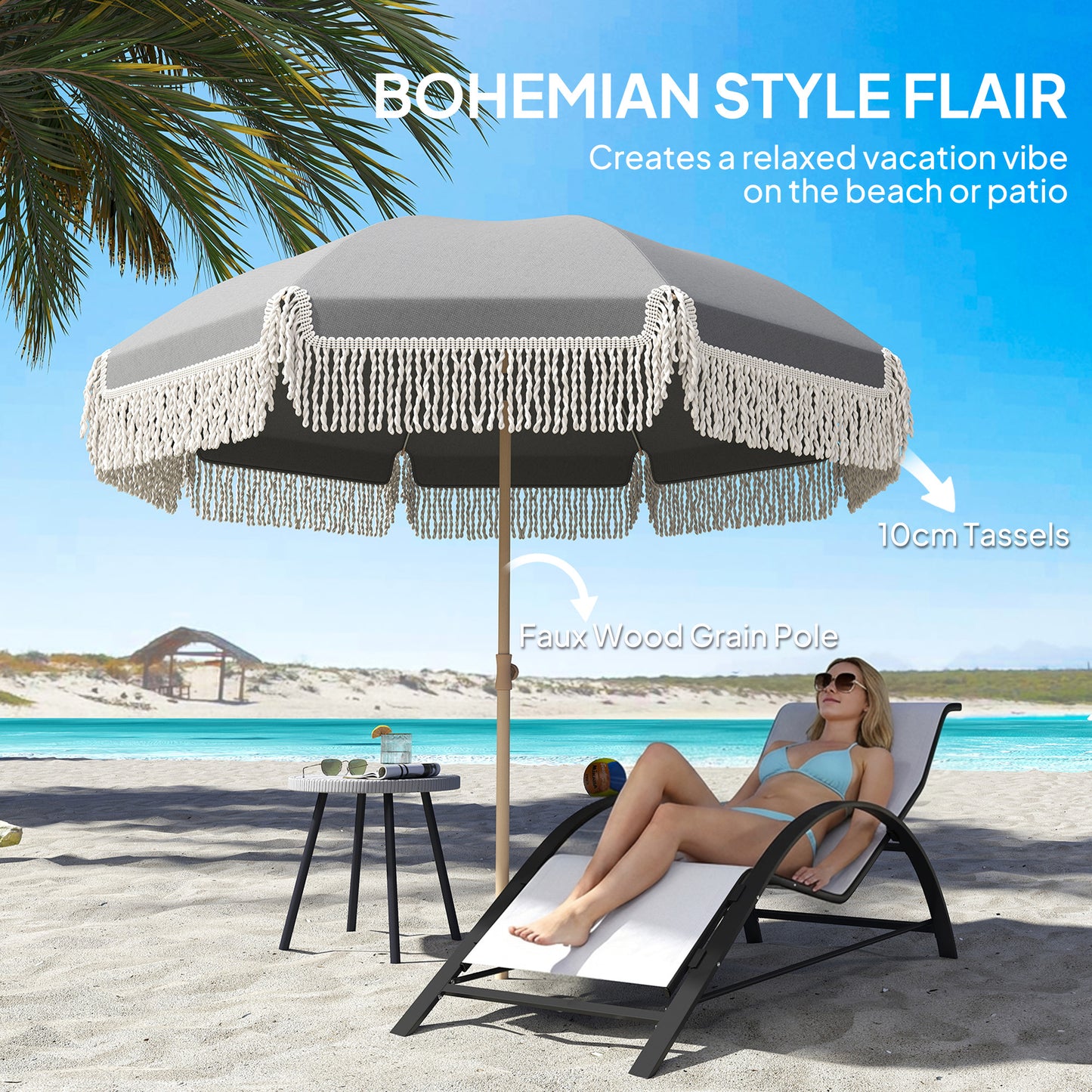 Outsunny 1.7 m Beach Umbrella with Sand Anchor, 30° Tilting Beach Garden Parasol with Adjustable Height, Grey