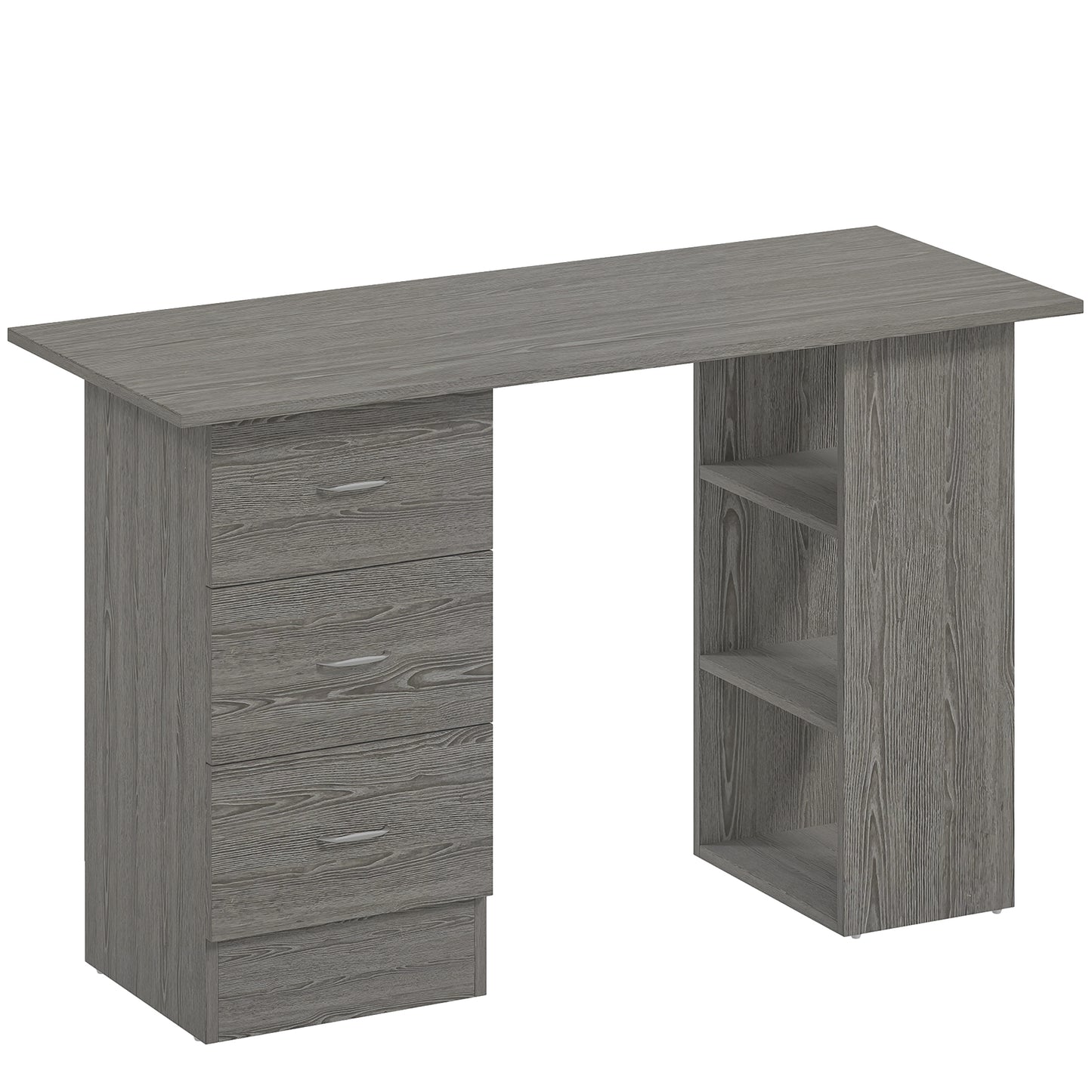 HOMCOM Computer Desk, Writing Table, PC Workstation with 3 Storage Shelves and Drawers, Silver Handle, for Home Office, Grey