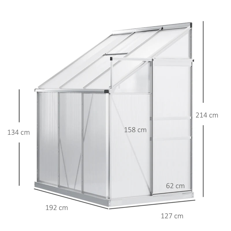 Outsunny 6 x 4ft Lean to Wall Polycarbonate Greenhouse Aluminium Walk-in Garden Greenhouse with Adjustable Roof Vent, Rain Gutter and Sliding Door, Clear