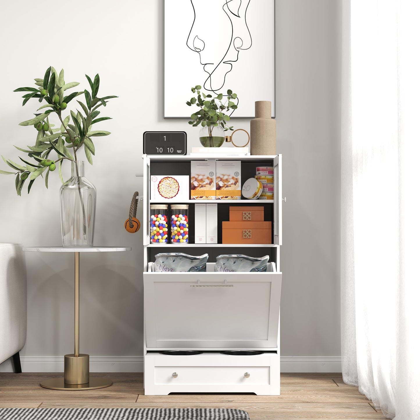 PawHut Dog Feeding Station with 2 Storage Cabinets, 2 Elevated Bowls, Side Hooks, Anti-tip Kit for Water and Feeding Supplies