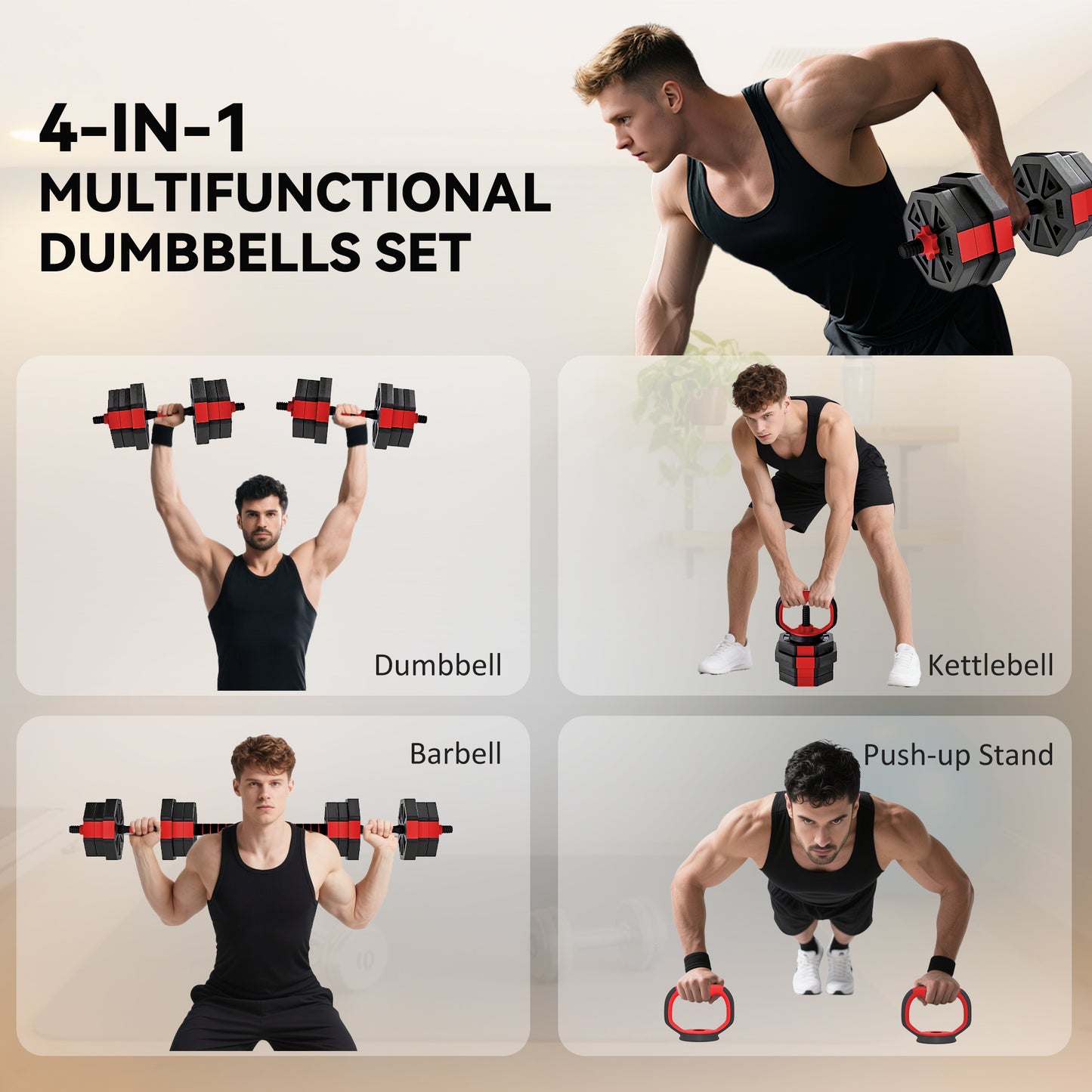 SPORTNOW 4-in-1 Adjustable Weight Set, Use as Kettlebell, Barbell, Dumbbell, Push-Up Stand, 20kg Home Gym Training, Red