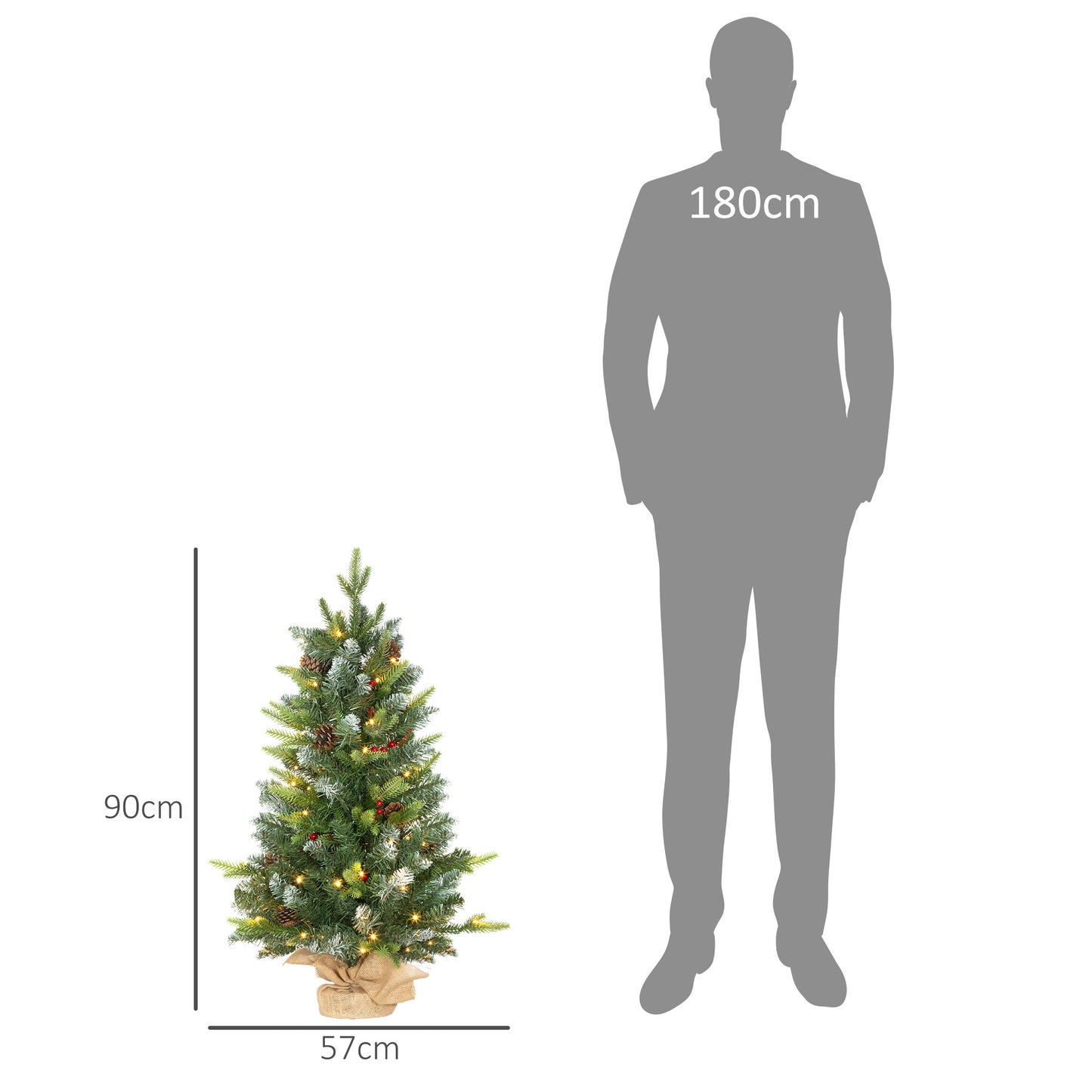 HOMCOM Set of Two 3ft Christmas Trees, with Lights, Berries and Pinecones