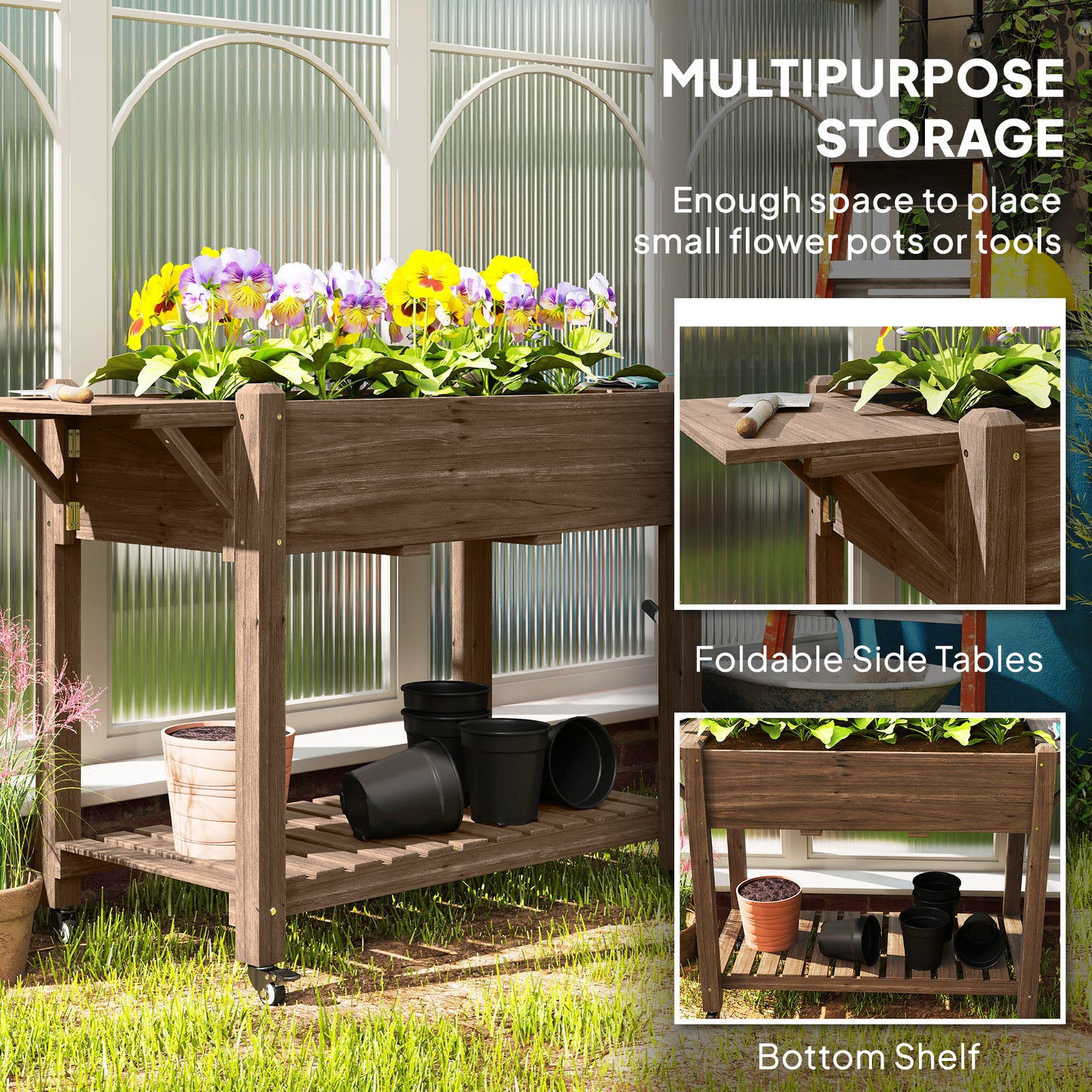 Outsunny Raised Garden Bed, Wooden Planter Box with Wheels, Side Tables & Bottom Shelf, Carbonised