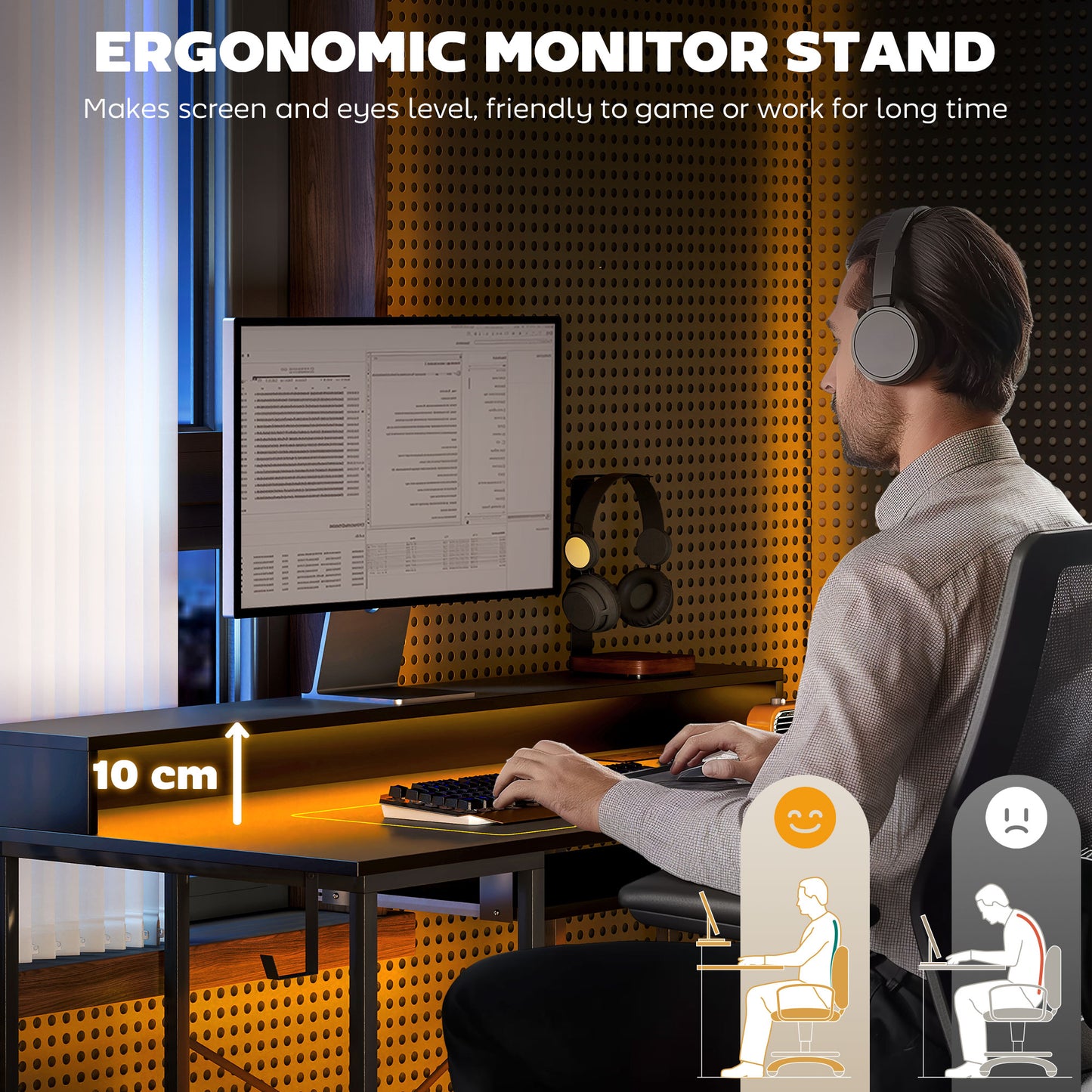 HOMCOM Reversible Computer Desk with LED, Power Outlets, Monitor Stand, Keyboard Tray, Storage Shelves, 120x55cm. Industrial Office Desk, Black