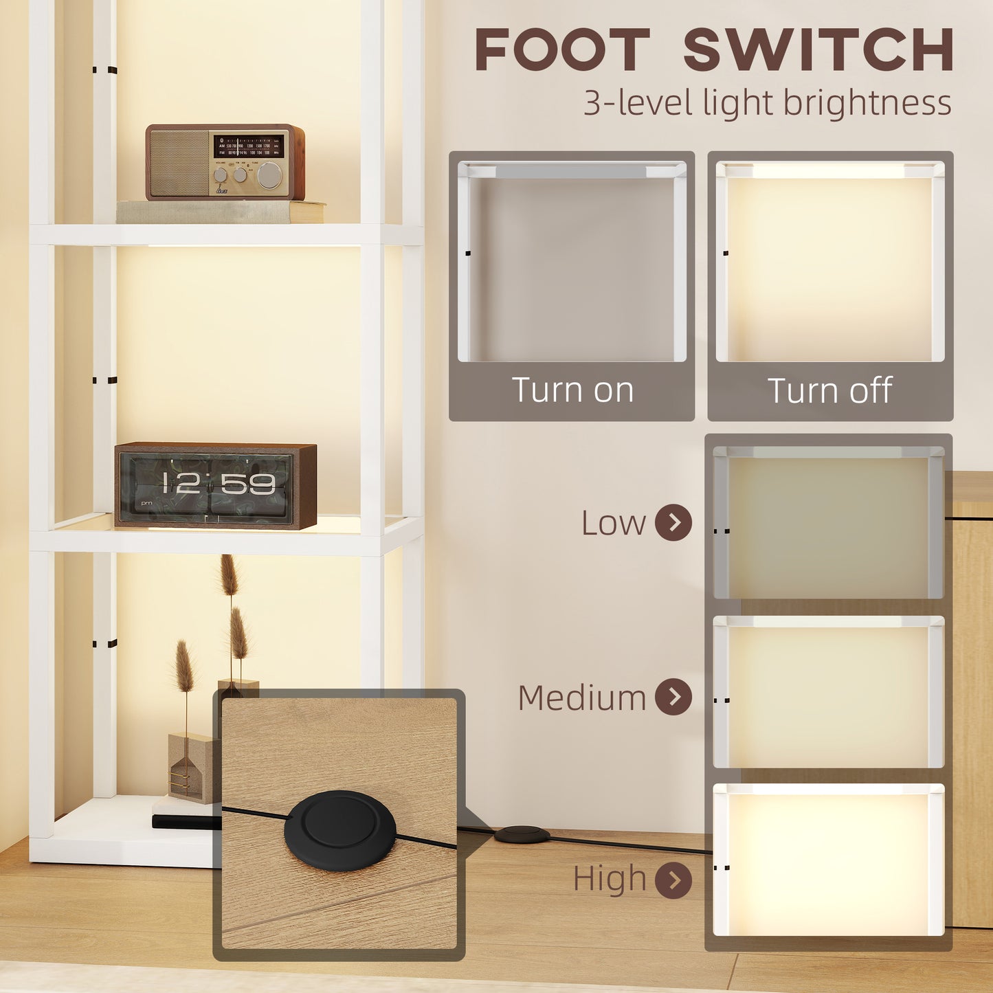 HOMCOM LED Dimmable Floor Lamp with 4 Glass Shelves, Modern Tall Standing Lamp for Living Room, Bedroom, Office, White