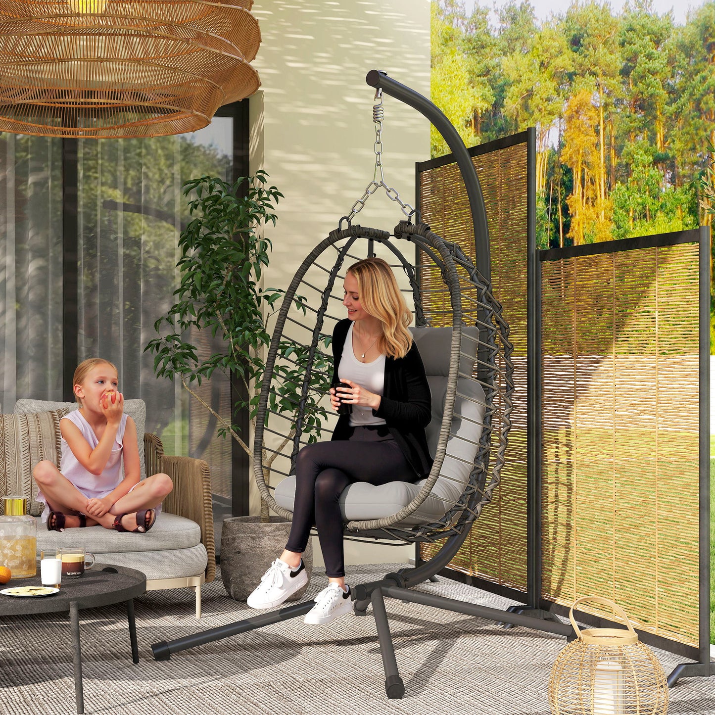 Outsunny Rattan Hanging Egg Chair, Foldable Hammock Swing with Cushion, Stand, Adjustable Height, Pillow, Steel Frame for Garden, Light Grey