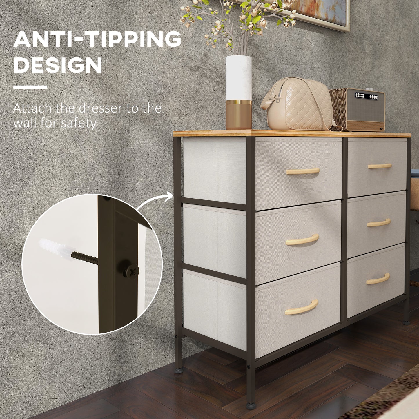 HOMCOM Fabric Chest of Drawers, Industrial Dresser with 6 Drawers, Steel Frame and Wooden Top for Nursery, Living Room, Hallway, Cream White