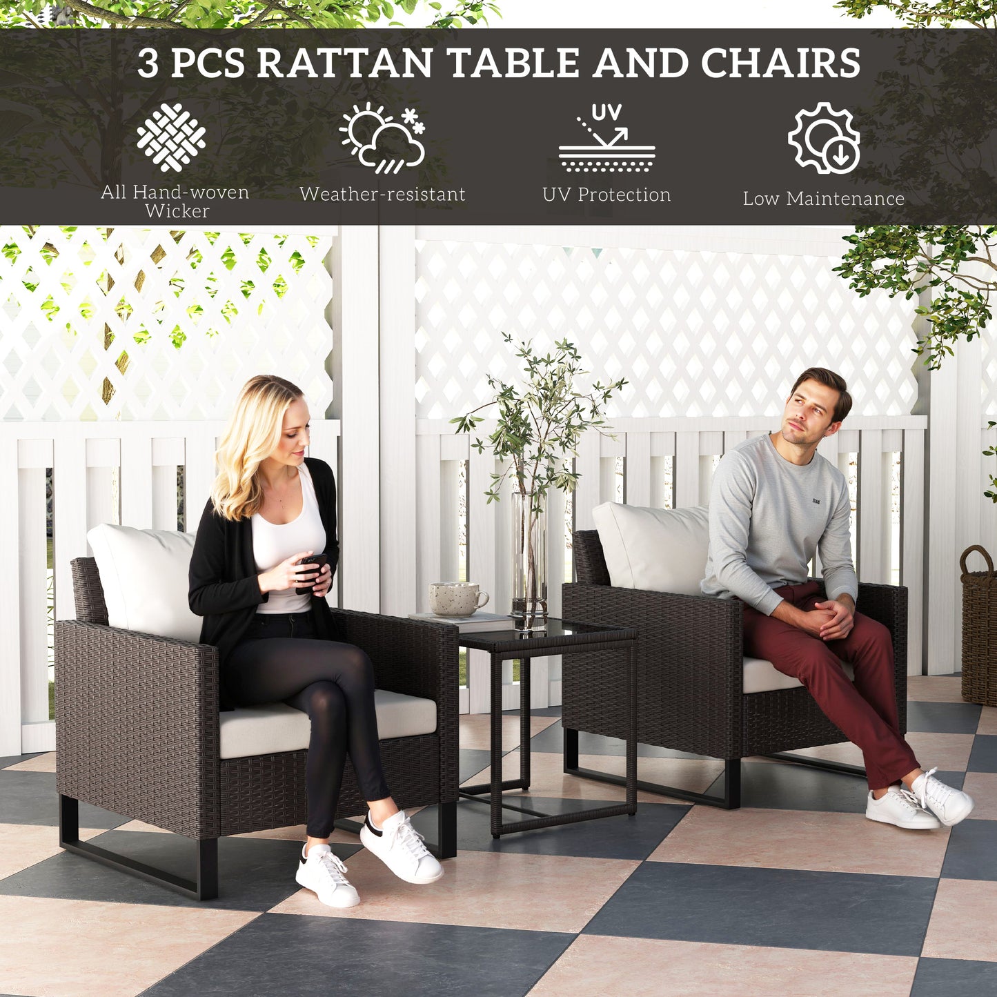 Outsunny 3-Piece Rattan Bistro Set with Cushions, Wicker Furniture, Glass Coffee Table & Chairs for Patio, Balcony, Terrace, Brown