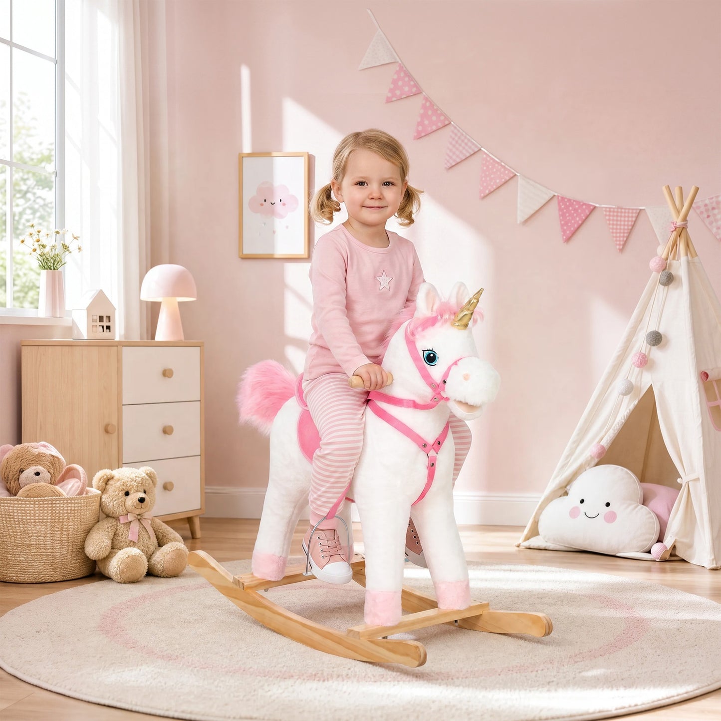 AIYAPLAY Rocking Horse, Unicorn Kids Ride on Horse with Rocking Limit, Hoofbeats, Neighing, Moving Mouth & Tail, for 1-3 Y, White
