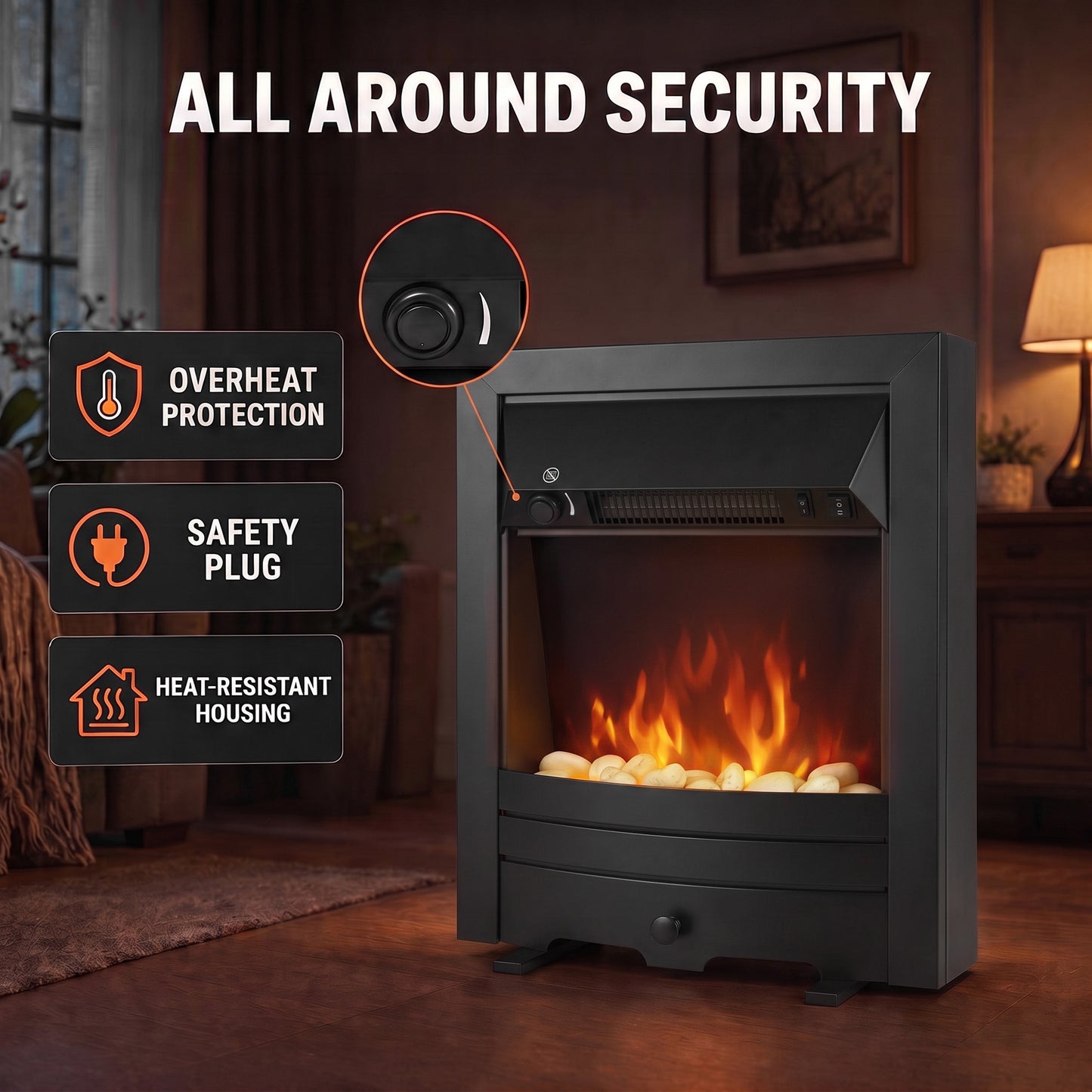 HOMCOM Electric Fireplace Stove Freestanding/Inset, 2000W, Electric Fire with LED Flame, Pebbles, Adjustable Thermostat, Black